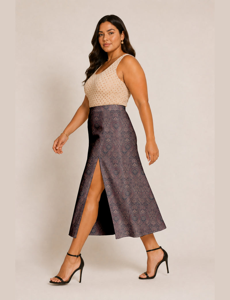 A line skirt with slit - Grey Paisley
