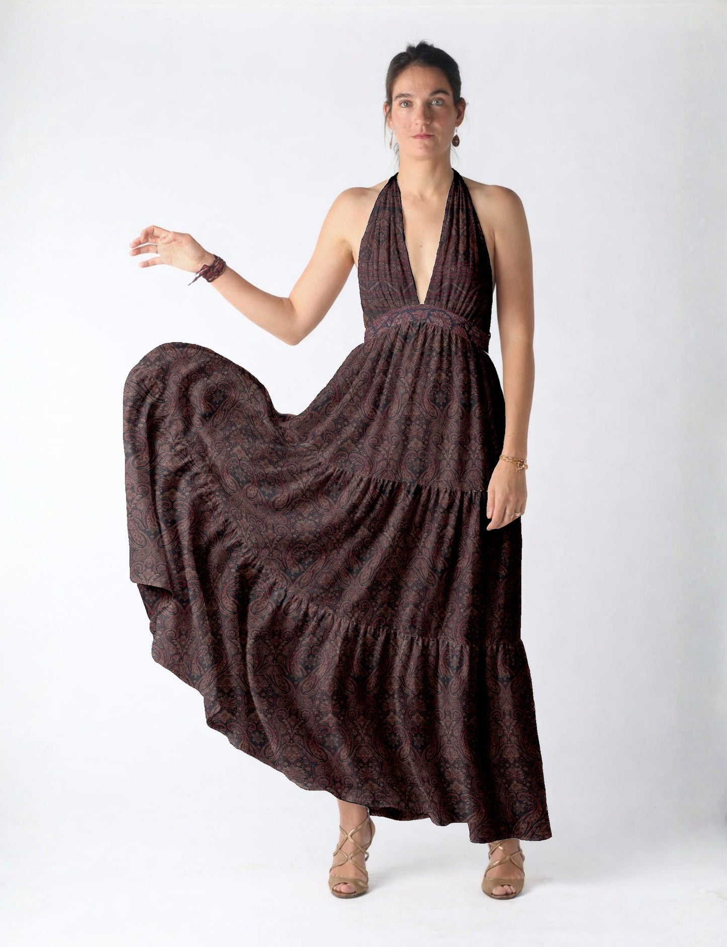 Maxi tiered dress by I was a Sari with halter neckline and flowy silhouette
