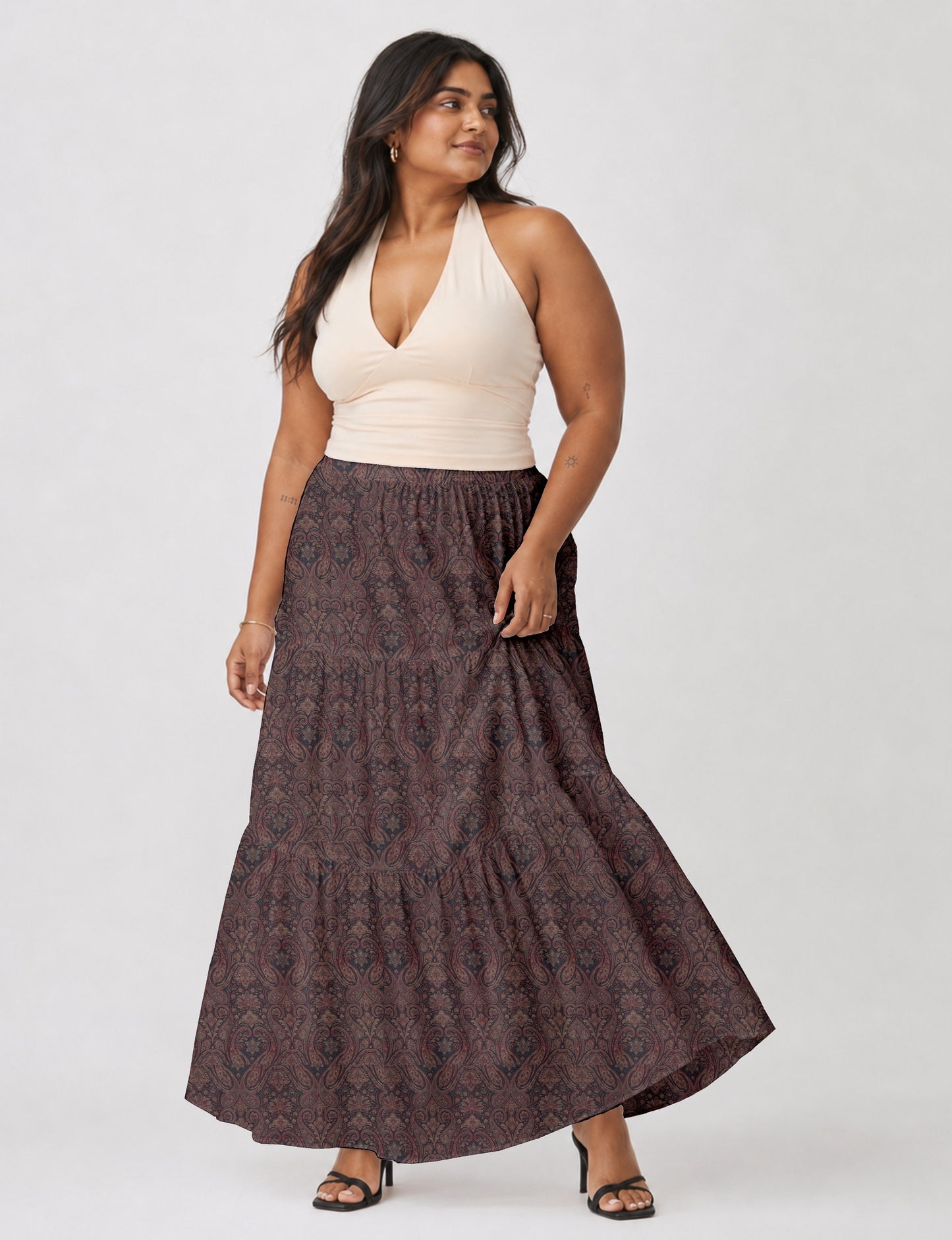 Midi Tiered Skirt - Grey Paisley