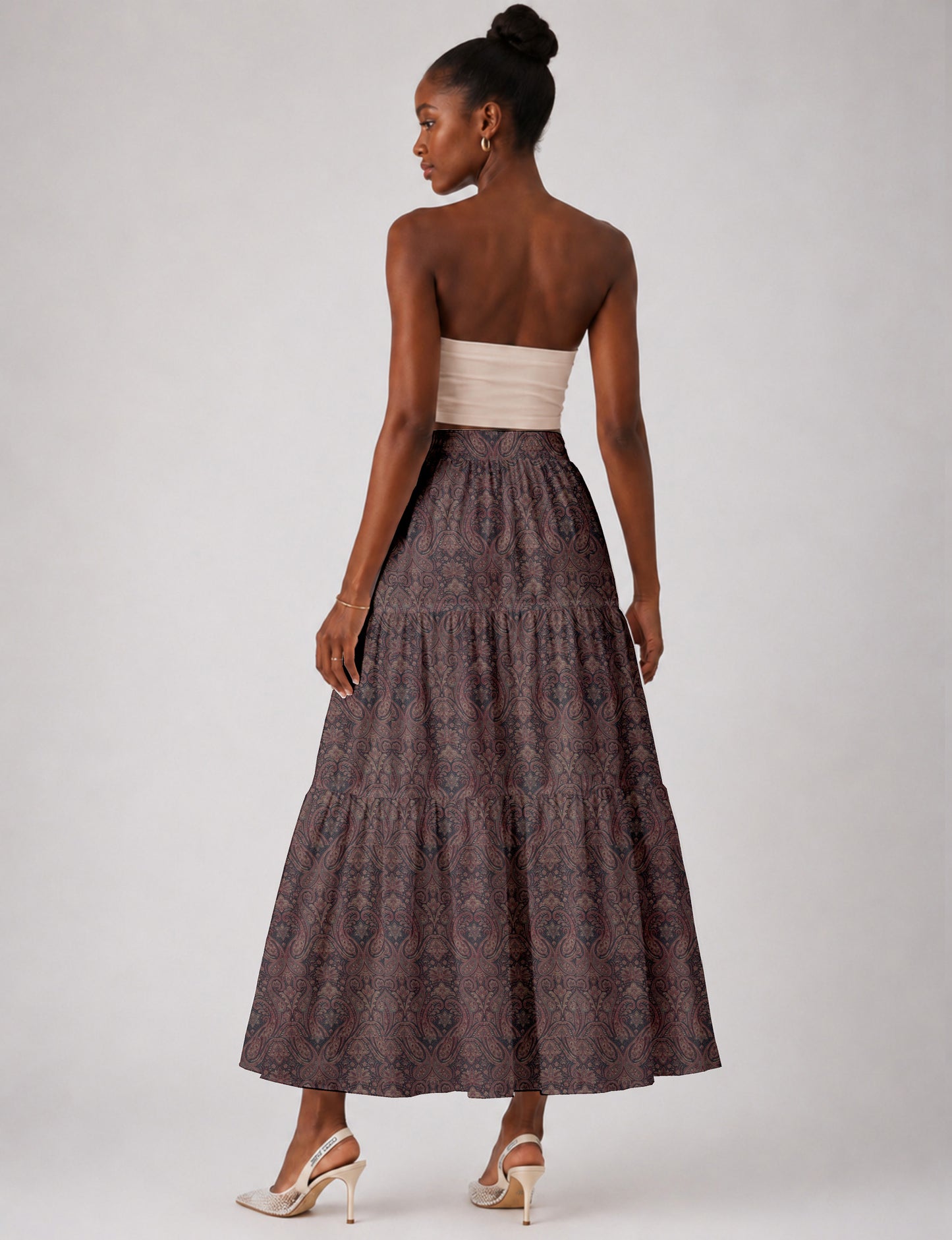 Midi Tiered Skirt - Grey Paisley