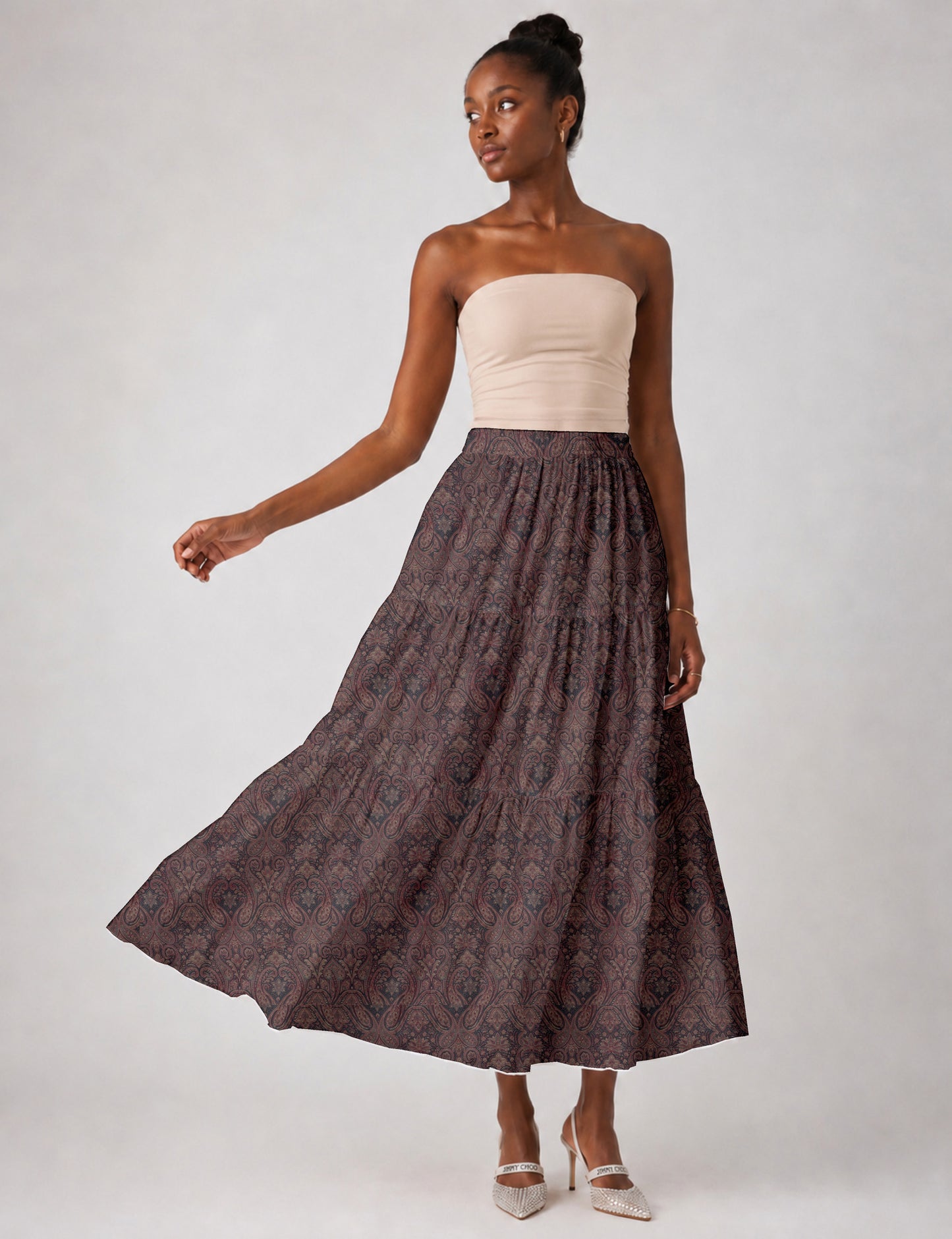 Midi Tiered Skirt - Grey Paisley