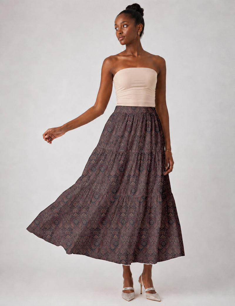 Midi Tiered Skirt - Grey Paisley