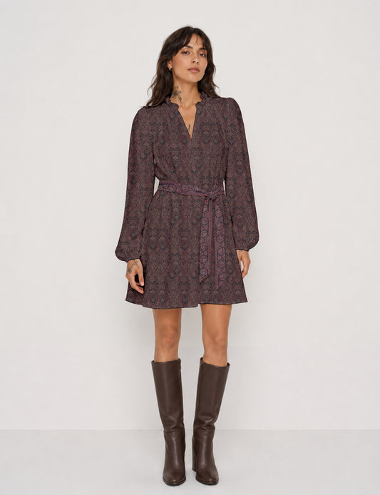 Swing dress with belt - Grey Paisley