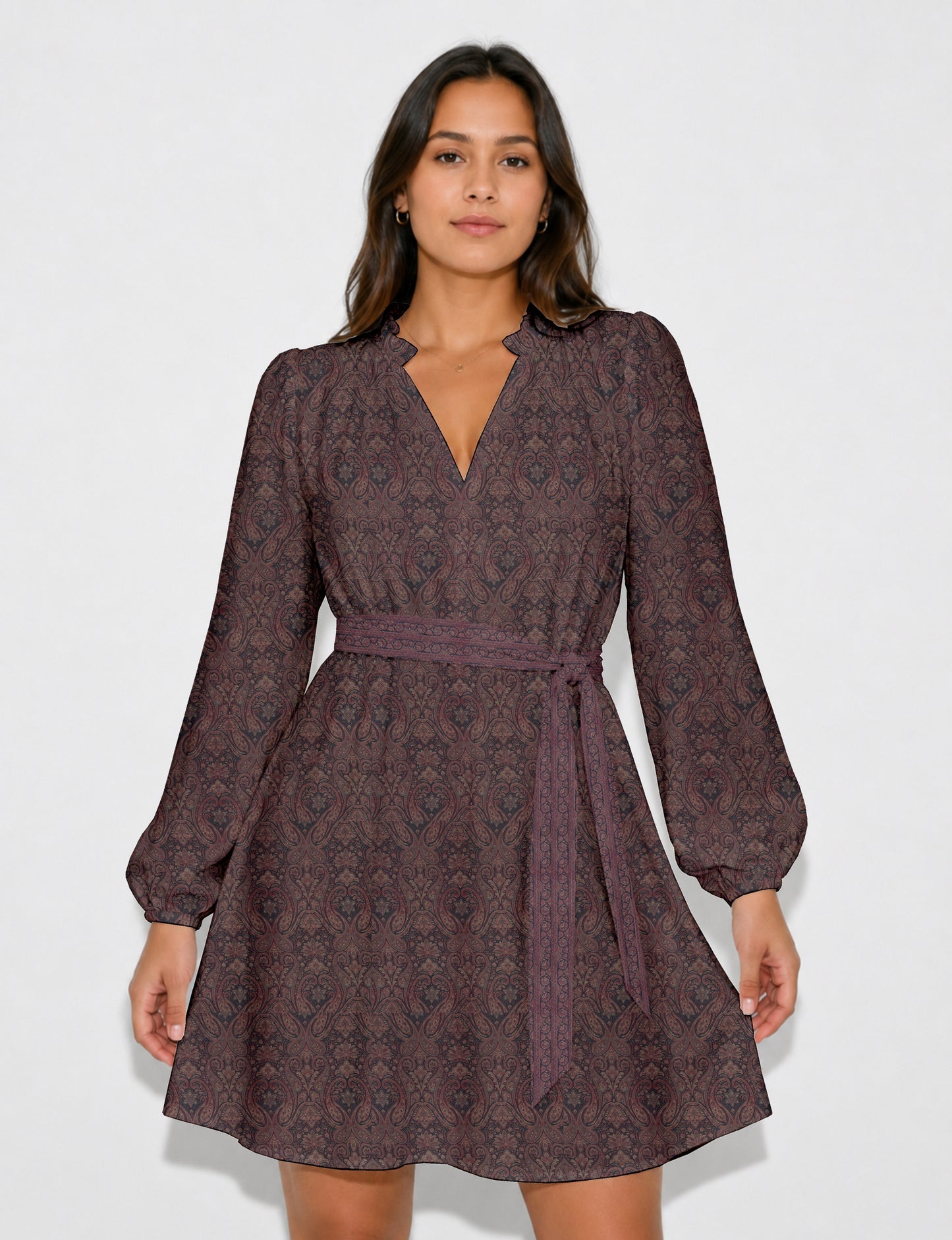 Swing dress with belt - Grey Paisley
