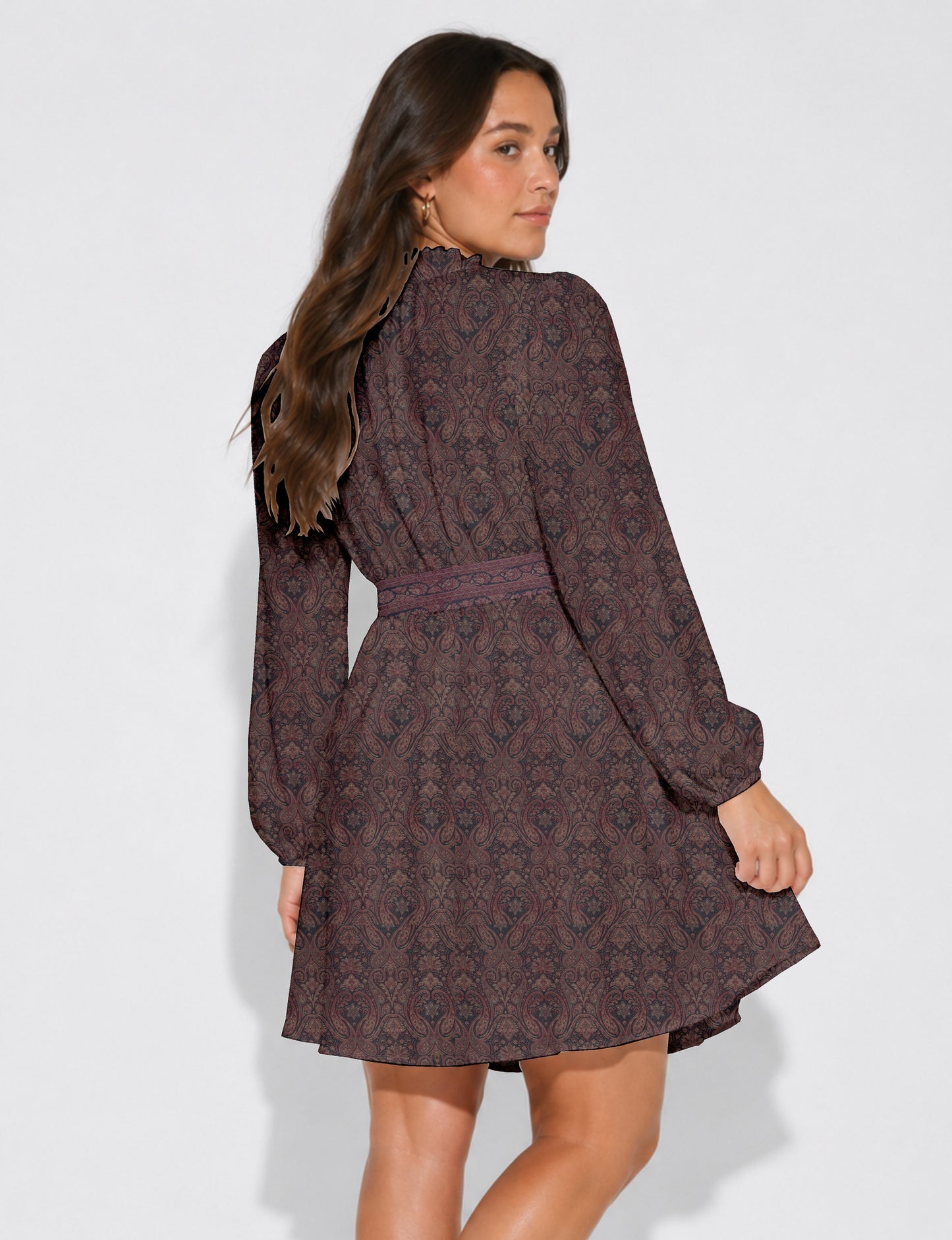 Swing dress with belt - Grey Paisley