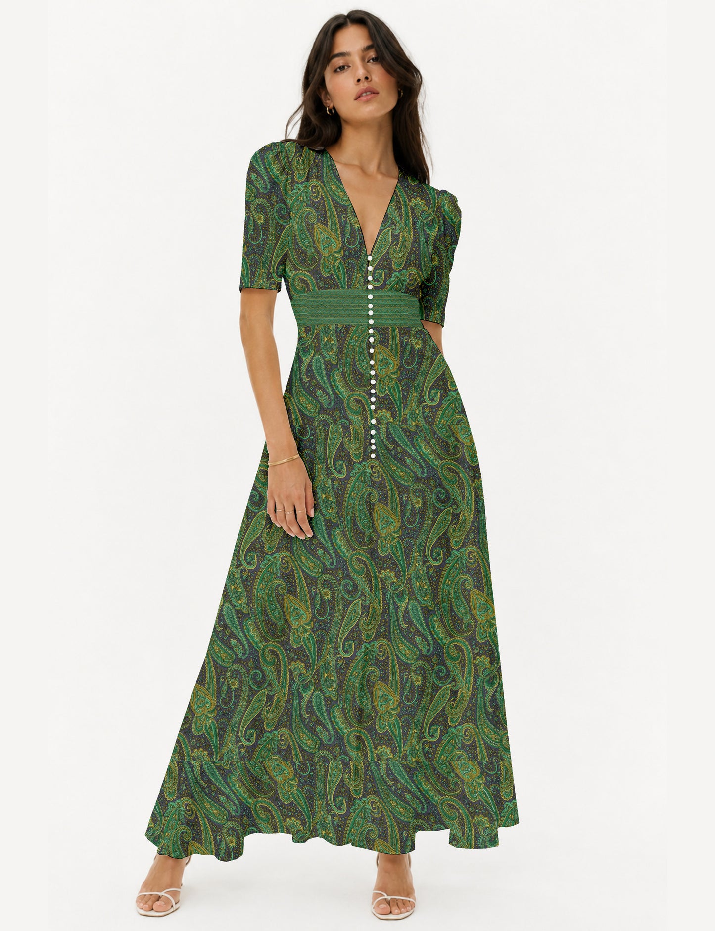 Maxi romantic dress with a fitted bodice, V-neckline, functional button placket, structured waist panel, short sleeves, and a softly flared ankle-length A-line skirt.