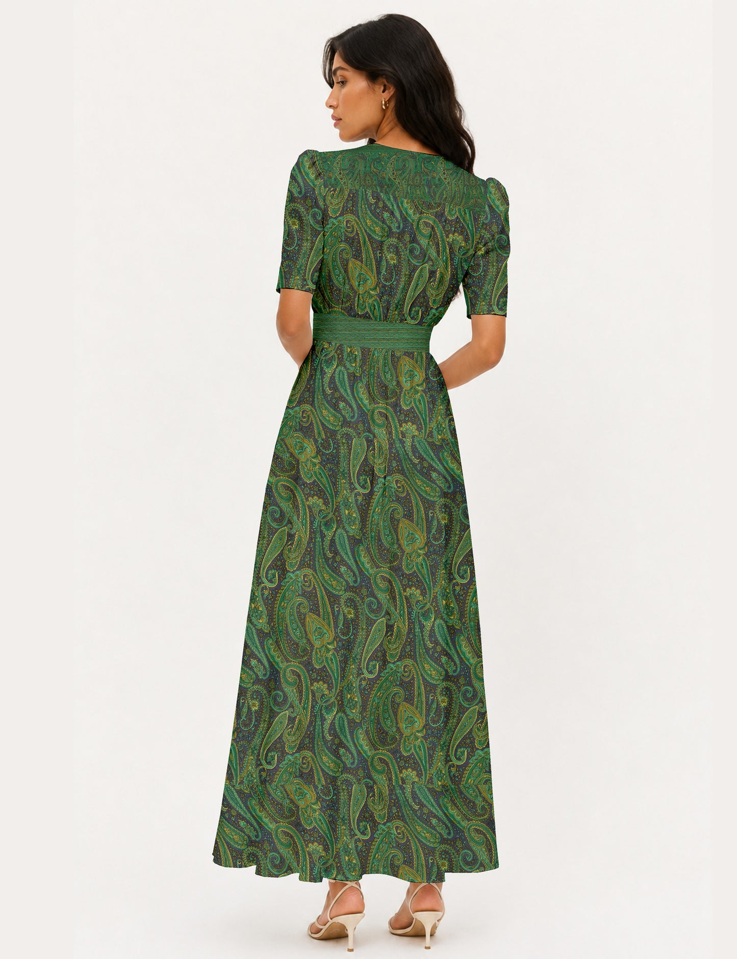 Maxi romantic dress with a fitted bodice, V-neckline, functional button placket, structured waist panel, short sleeves, and a softly flared ankle-length A-line skirt.