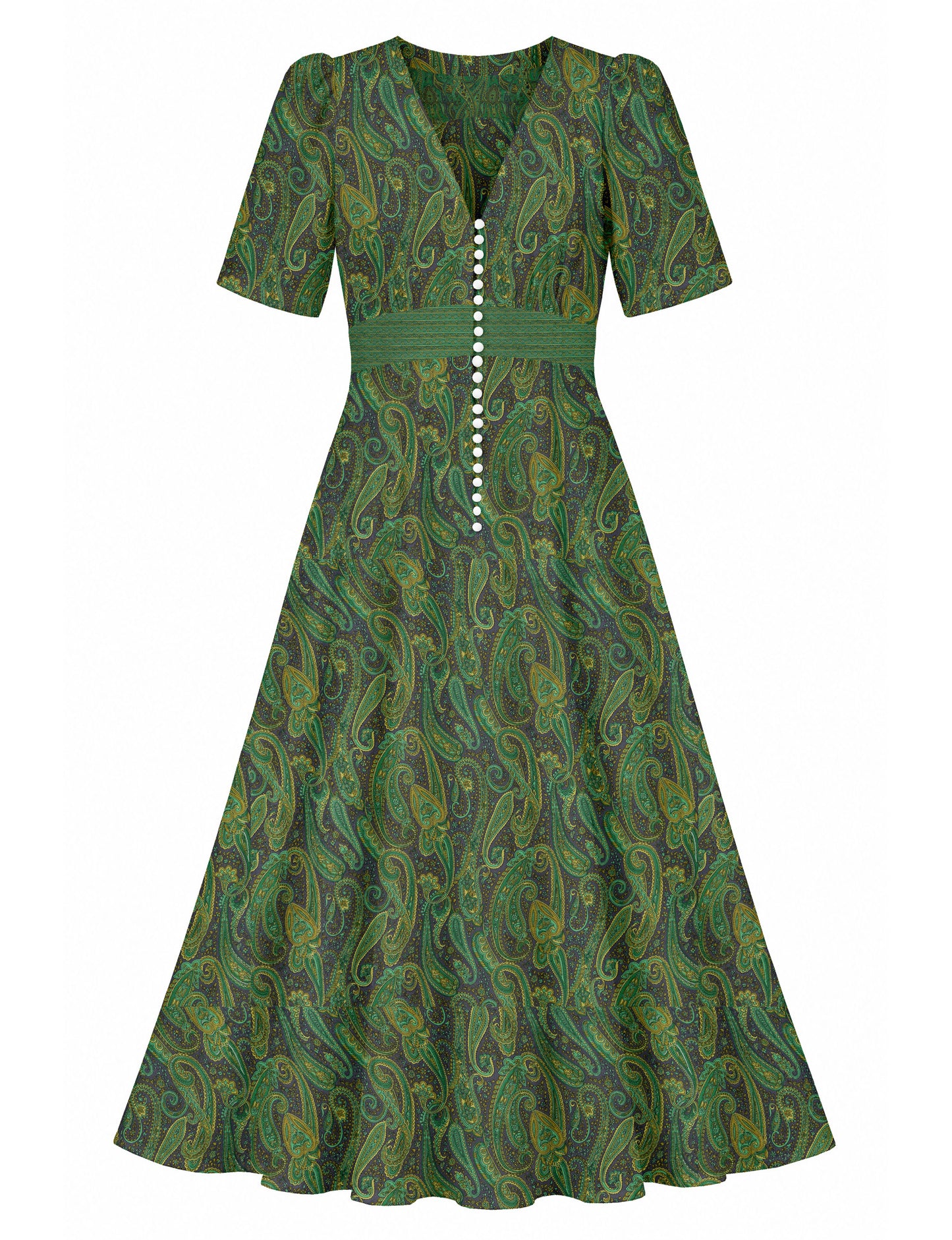 Maxi romantic dress with a fitted bodice, V-neckline, functional button placket, structured waist panel, short sleeves, and a softly flared ankle-length A-line skirt.