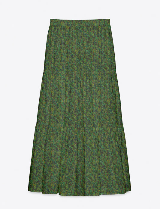 Yellow midi tiered skirt with small dark geometric micro pattern, flat lay front view