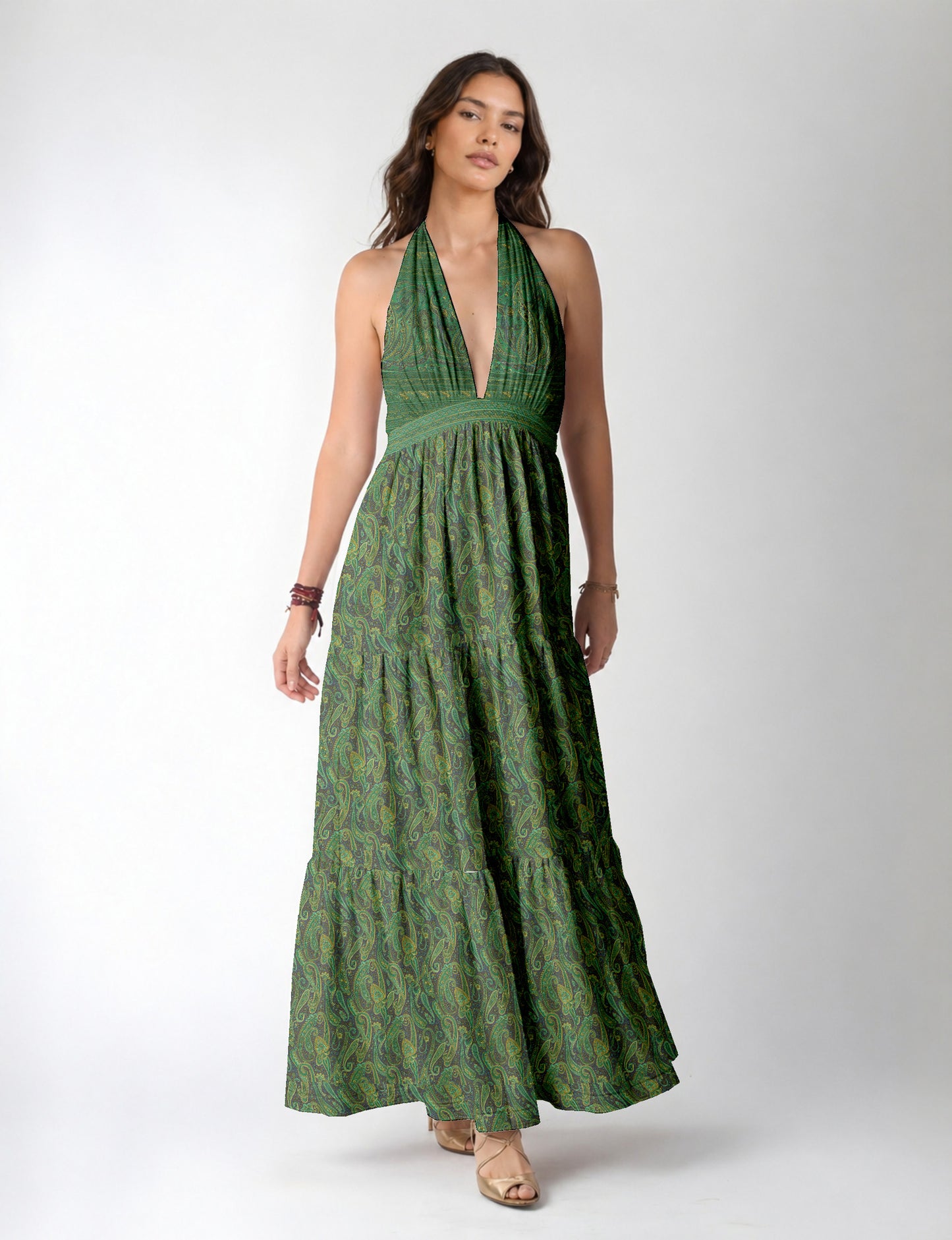 Maxi tiered dress by I was a Sari with halter neckline and flowy silhouette