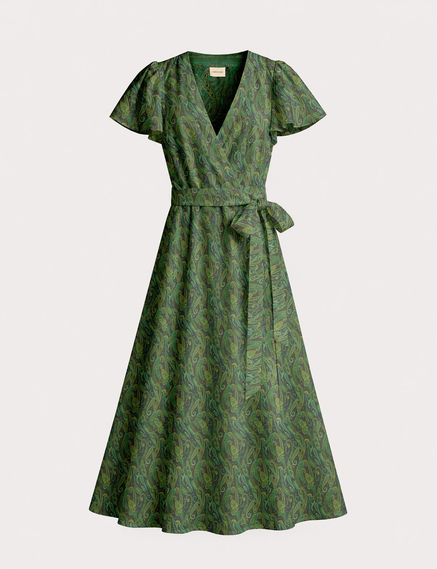 Elegant midi wrap dress with a V-neckline, adjustable waist tie, fitted bodice, and flared skirt for a timeless, flattering silhouette.