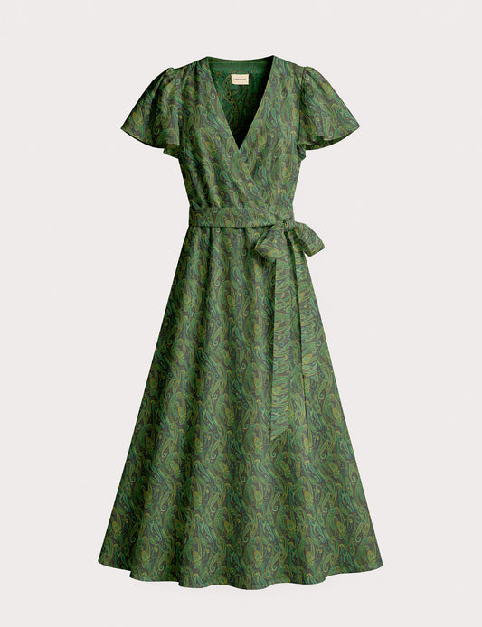 Elegant midi wrap dress with a V-neckline, adjustable waist tie, fitted bodice, and flared skirt for a timeless, flattering silhouette.