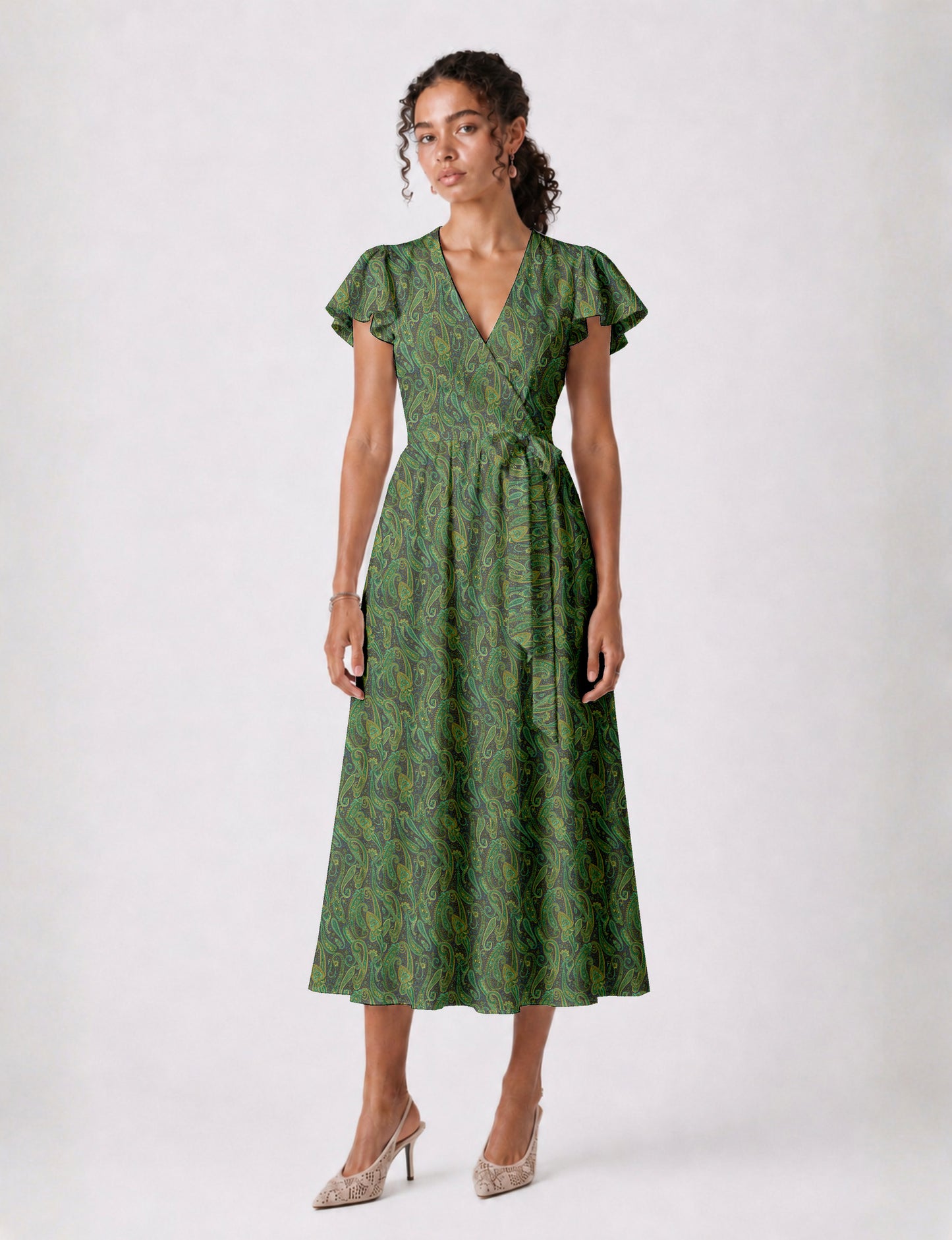 Elegant midi wrap dress with a V-neckline, adjustable waist tie, fitted bodice, and flared skirt for a timeless, flattering silhouette.