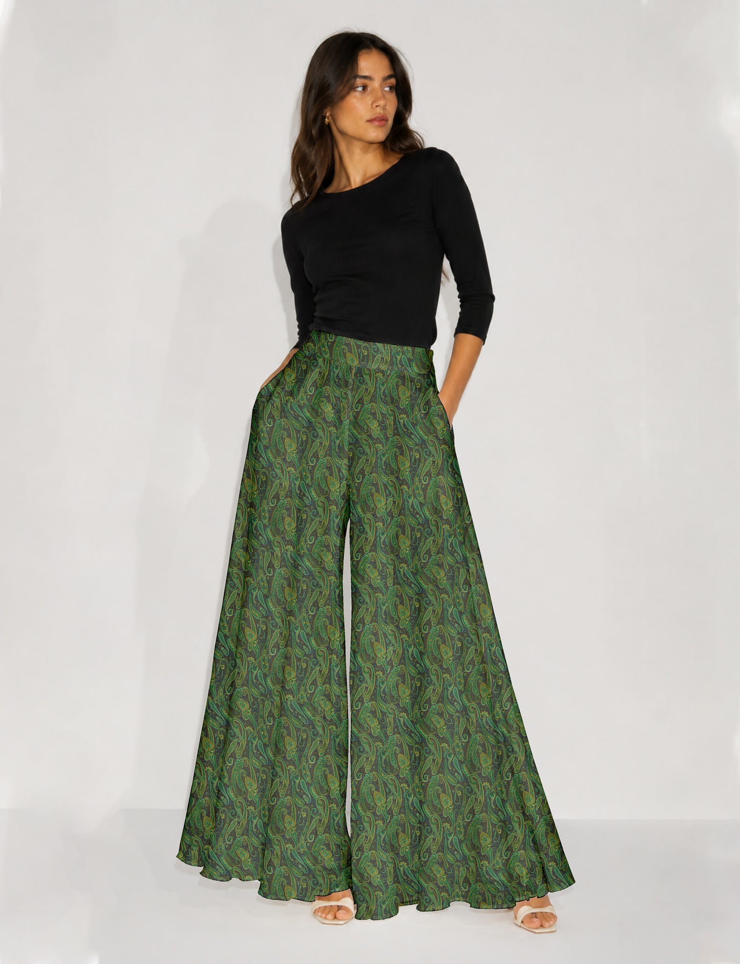 Wide Leg Palazzo Trousers - Grey Paisley