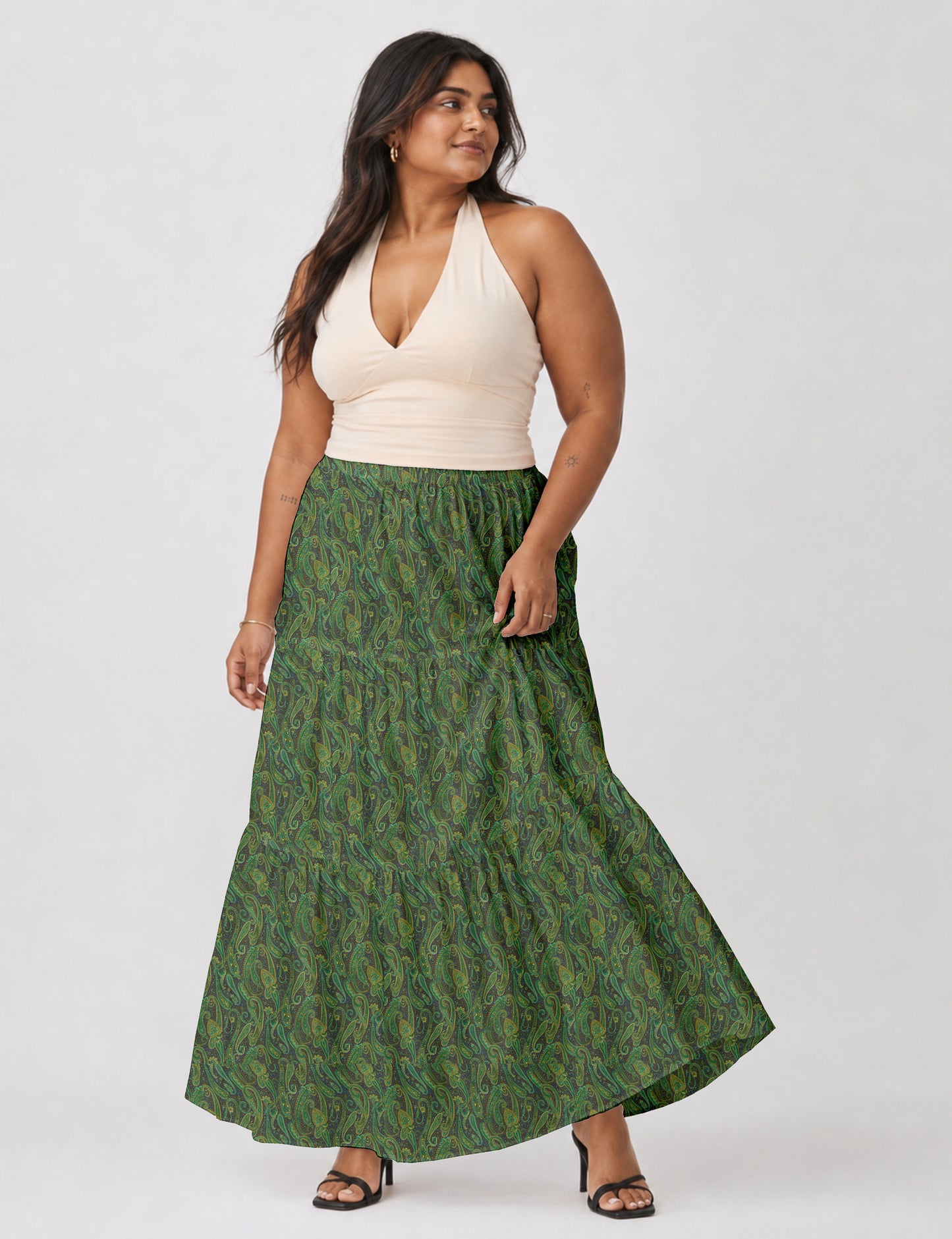 Yellow midi tiered skirt with small dark geometric micro pattern, flat lay front view