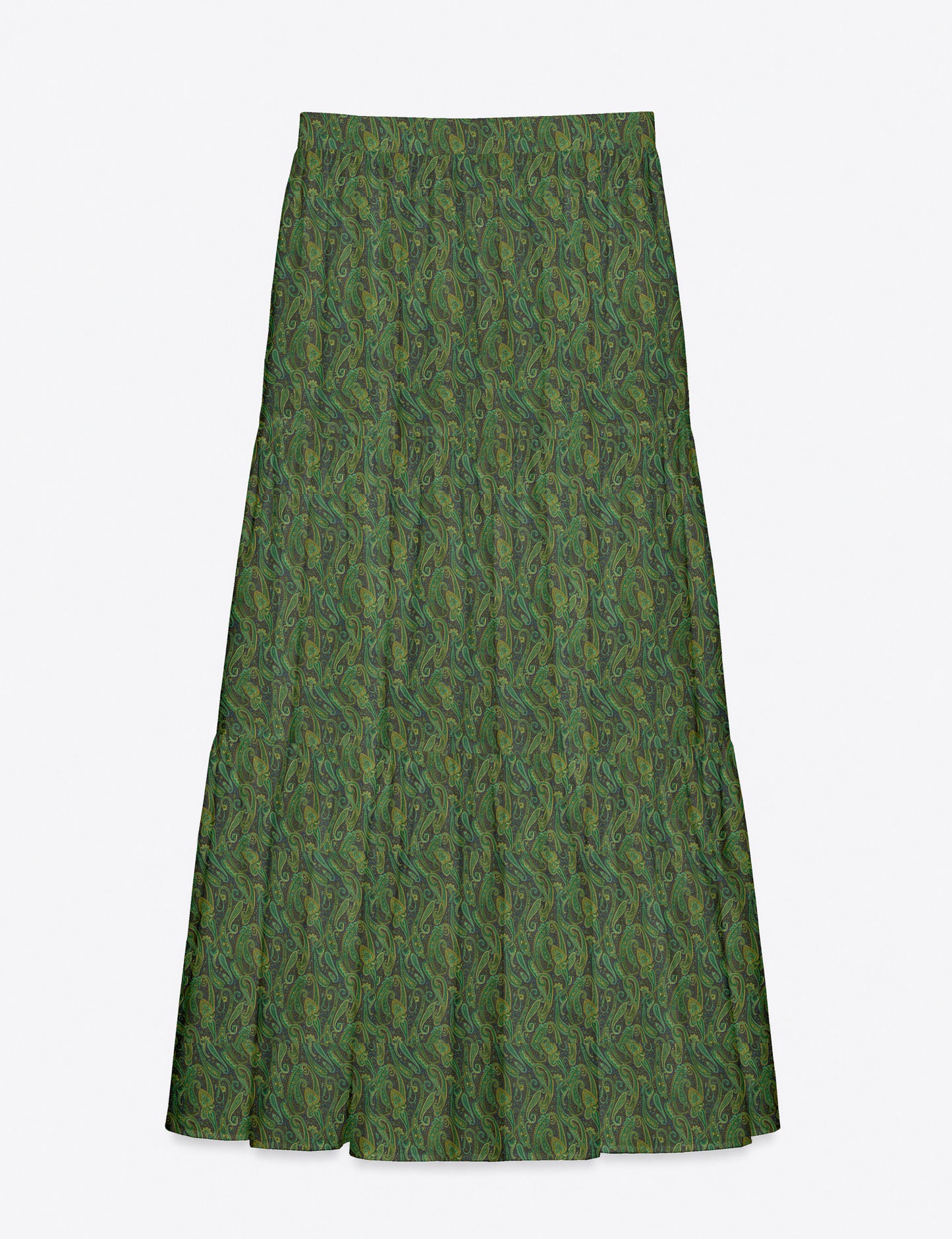 Woman wearing a yellow midi tiered skirt with a small geometric pattern, shown from the back, paired with beige top and