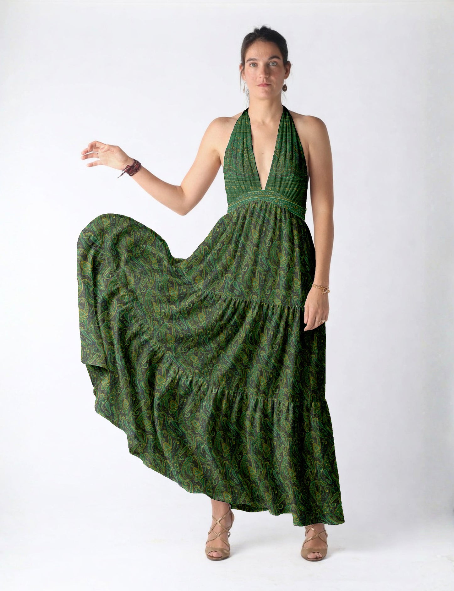 Maxi tiered dress by I was a Sari with halter neckline and flowy silhouette
