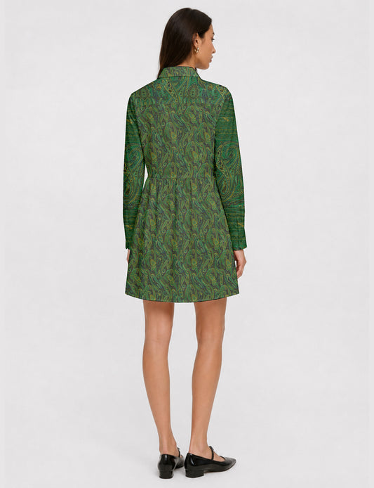Short shirt dress with a relaxed A-line silhouette, point collar, partial button placket, gathered waist, side pockets, and full-length cuffed sleeves.