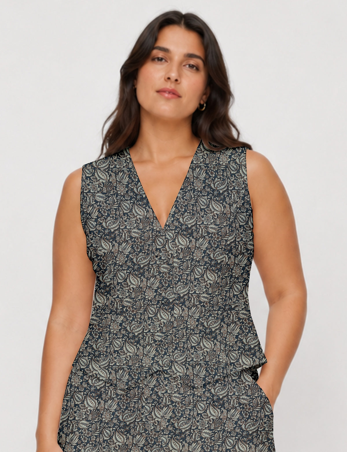 Women's fitted waistcoat with V-neck, single-breasted button closure, tailored silhouette, and pointed hem in sustainable fashion.