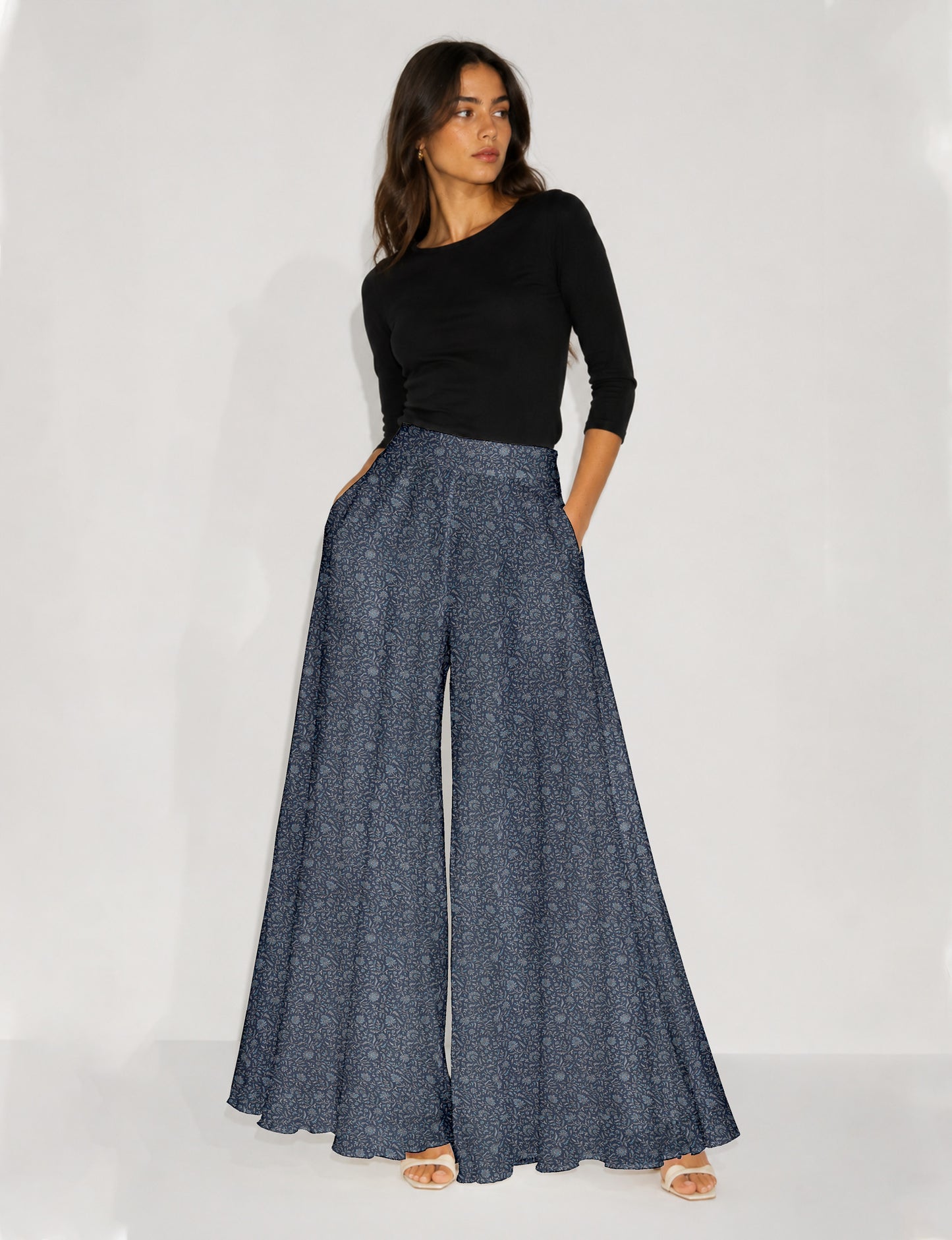 Wide Leg Palazzo Trousers - Grey Tropical