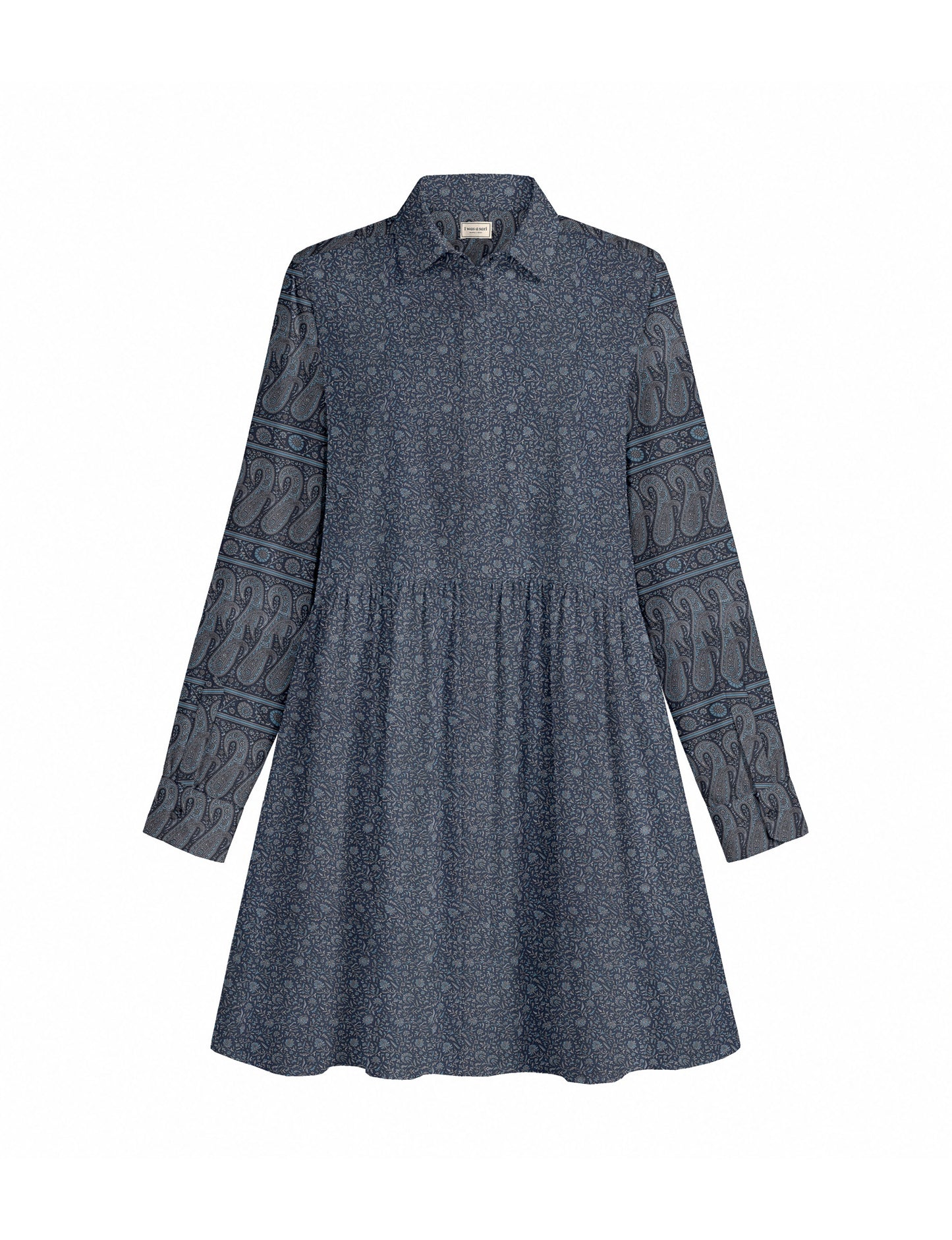 Short shirt dress with a relaxed A-line silhouette, point collar, partial button placket, gathered waist, side pockets, and full-length cuffed sleeves.