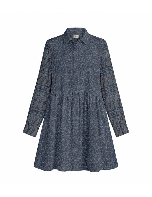 Short shirt dress with a relaxed A-line silhouette, point collar, partial button placket, gathered waist, side pockets, and full-length cuffed sleeves.