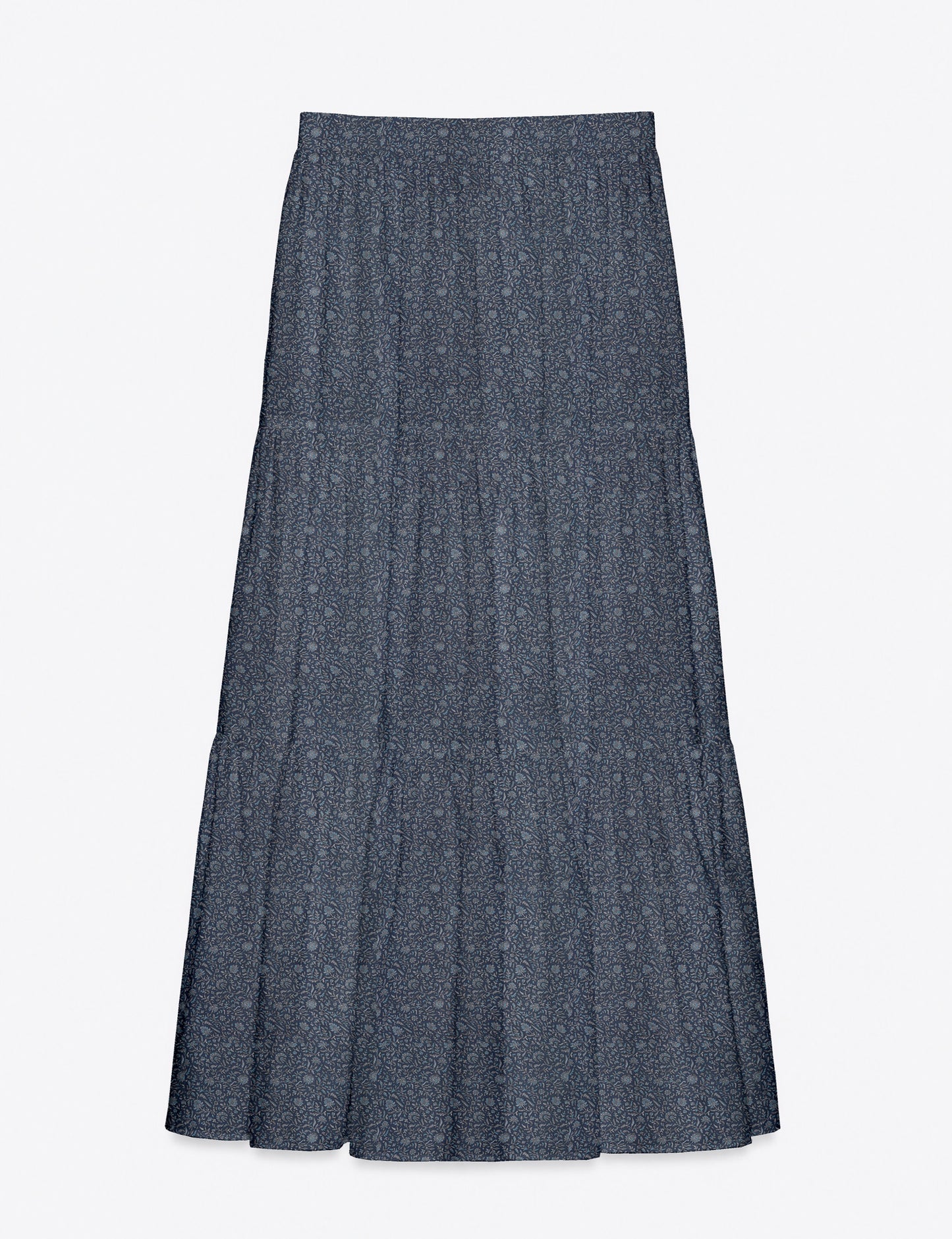 Yellow midi tiered skirt with small dark geometric micro pattern, flat lay front view