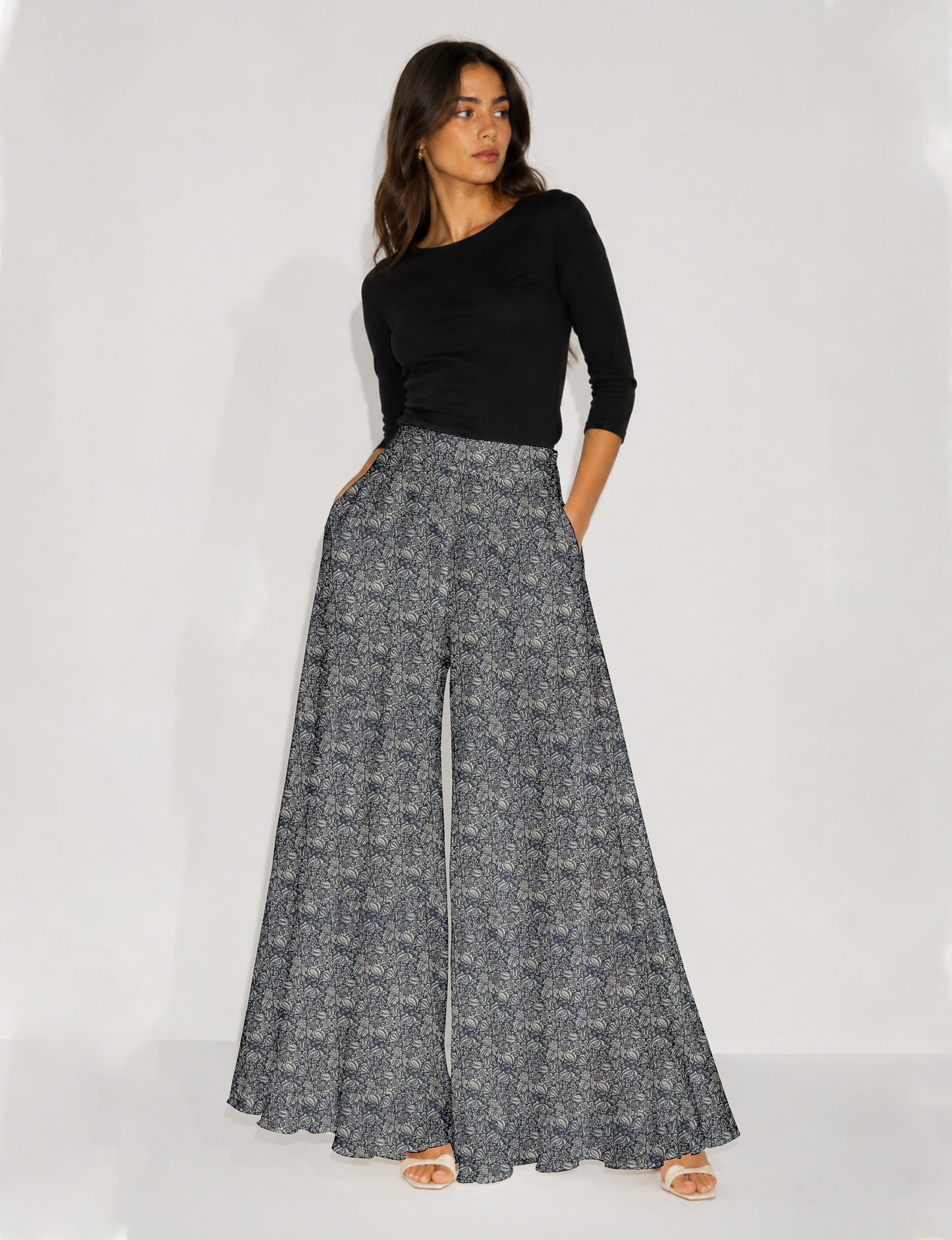 Wide Leg Palazzo Trousers - Grey Tropical