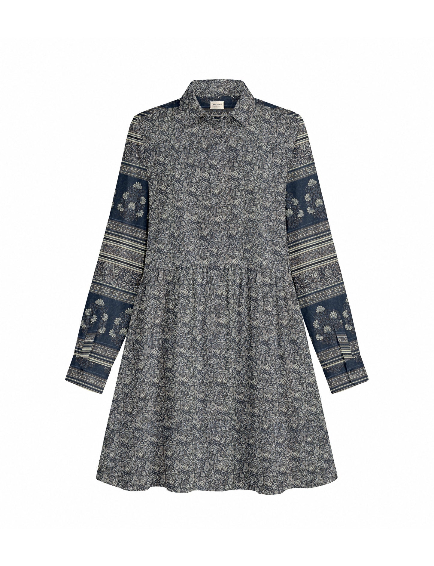 Short shirt dress with a relaxed A-line silhouette, point collar, partial button placket, gathered waist, side pockets, and full-length cuffed sleeves.