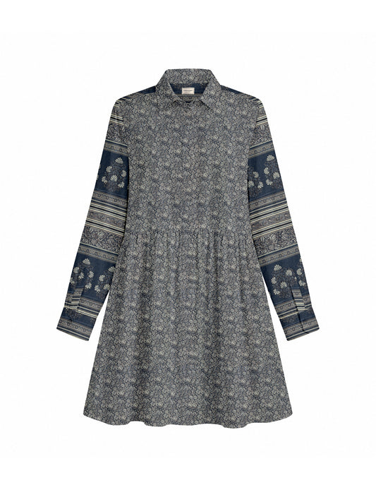 Short shirt dress with a relaxed A-line silhouette, point collar, partial button placket, gathered waist, side pockets, and full-length cuffed sleeves.