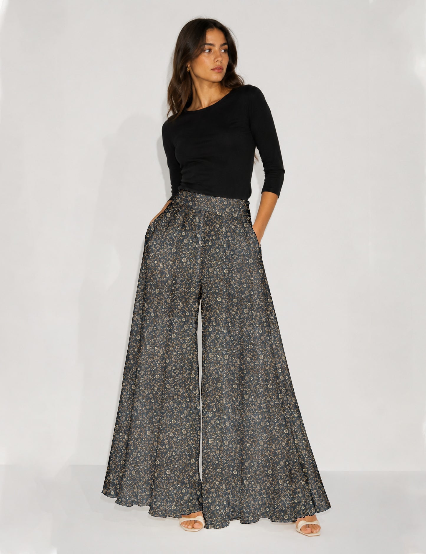 Wide Leg Palazzo Trousers - Grey Tropical