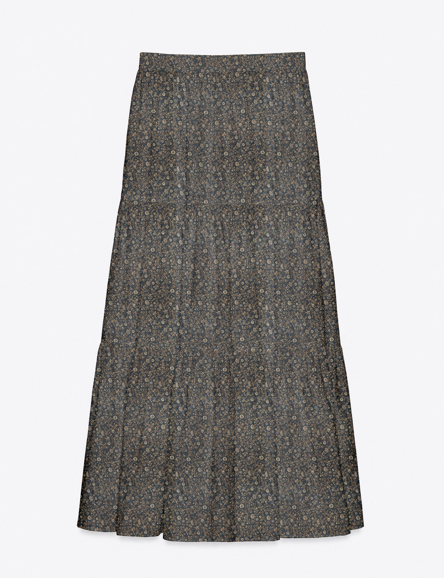 Yellow midi tiered skirt with small dark geometric micro pattern, flat lay front view