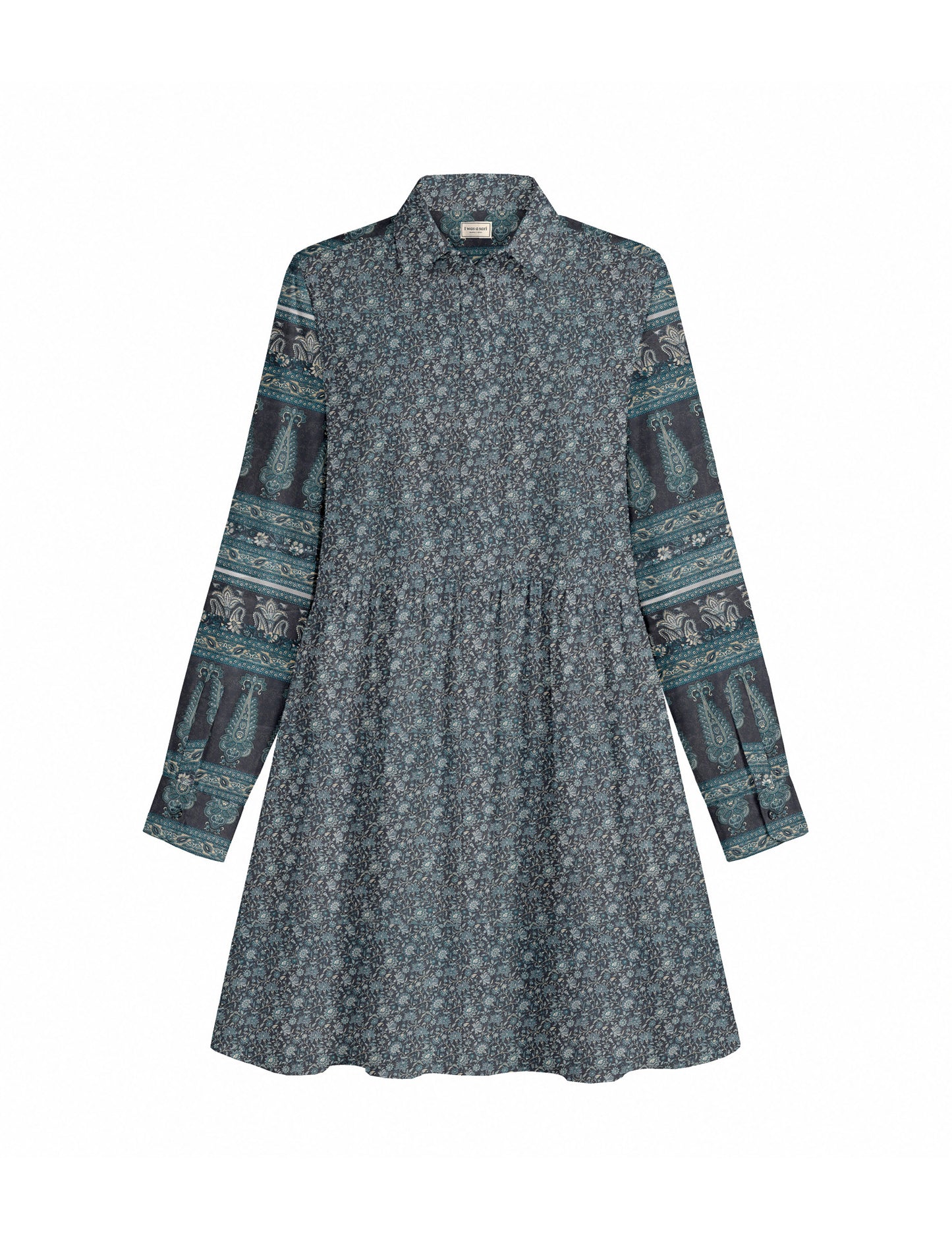 Short shirt dress with a relaxed A-line silhouette, point collar, partial button placket, gathered waist, side pockets, and full-length cuffed sleeves.