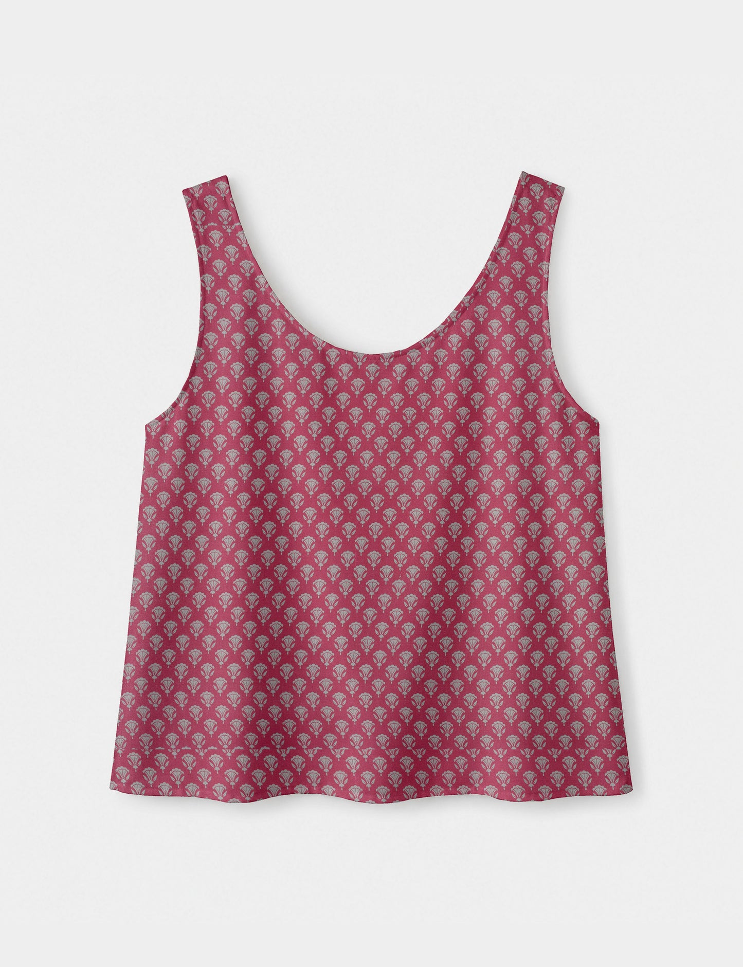 Women's sleeveless blouse with a relaxed straight fit, wide scoop neckline, deep scoop back, and hip-length silhouette.