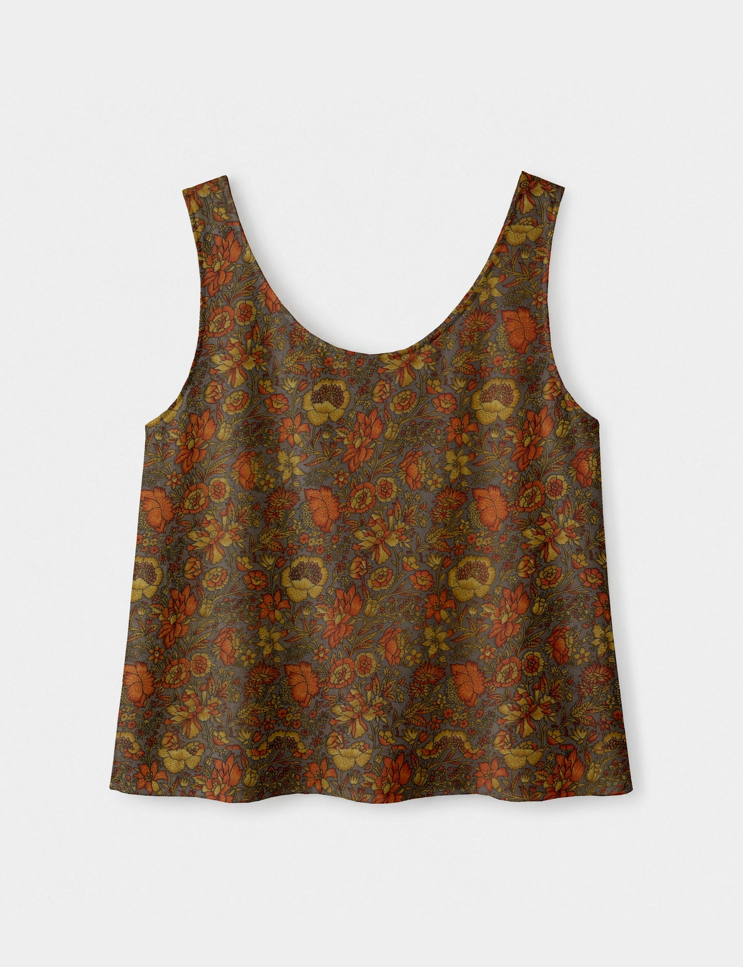 Women's sleeveless blouse with a relaxed straight fit, wide scoop neckline, deep scoop back, and hip-length silhouette.