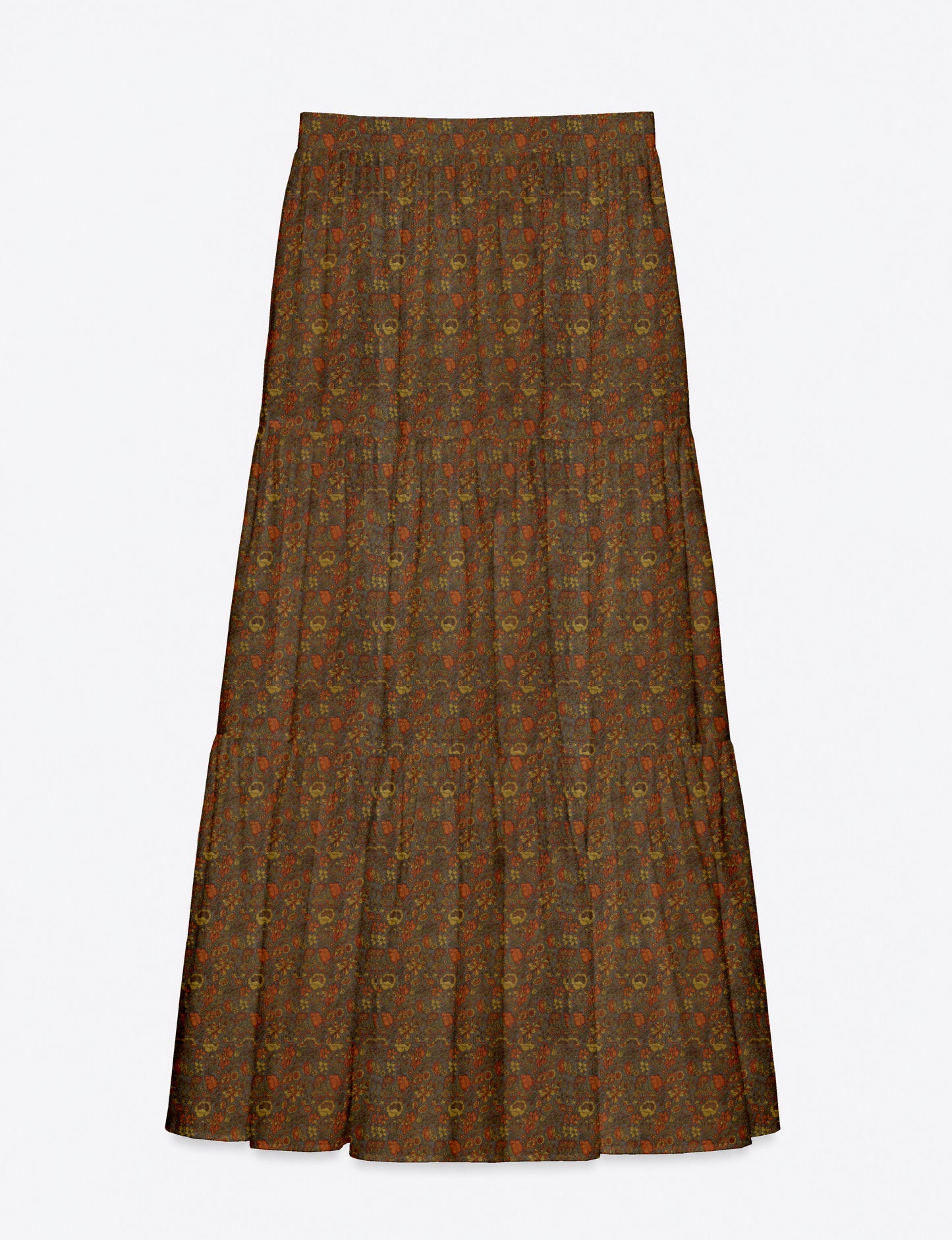 Woman wearing a yellow midi tiered skirt with a small geometric pattern, shown from the back, paired with beige top and