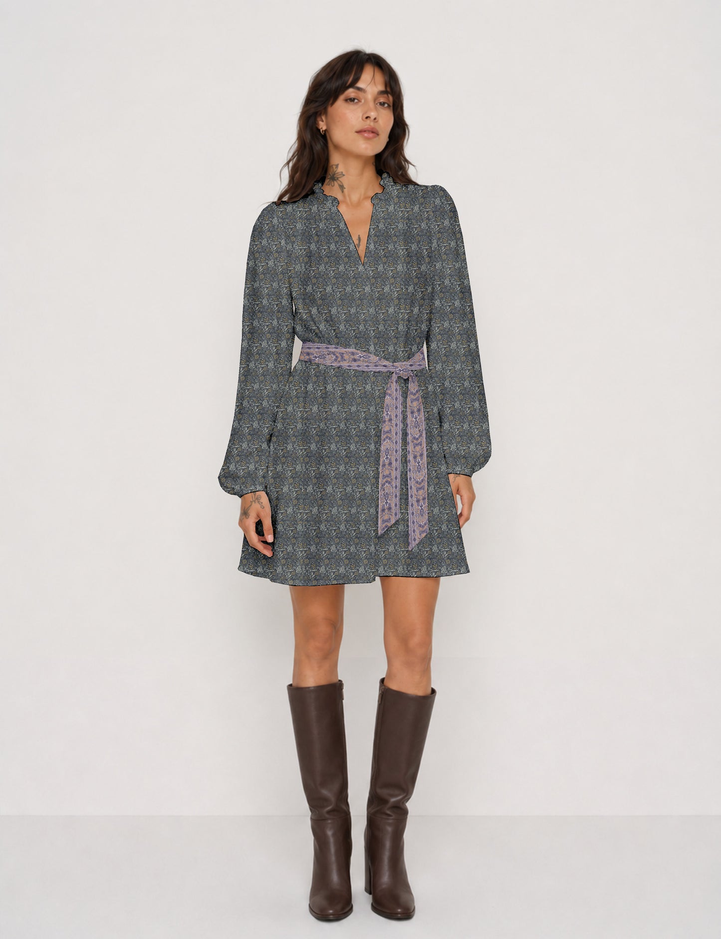 Swing dress with belt - Grey Tropical