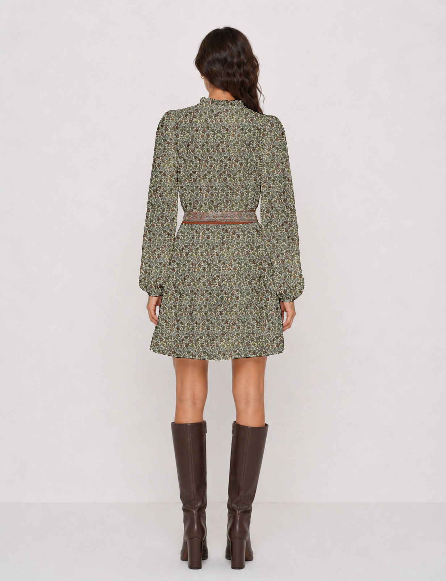 Swing dress with detachable tie belt, gathered ruffle neckline, full-length voluminous sleeves, elastic cuffs, and relaxed A-line silhouette in an above-knee length.