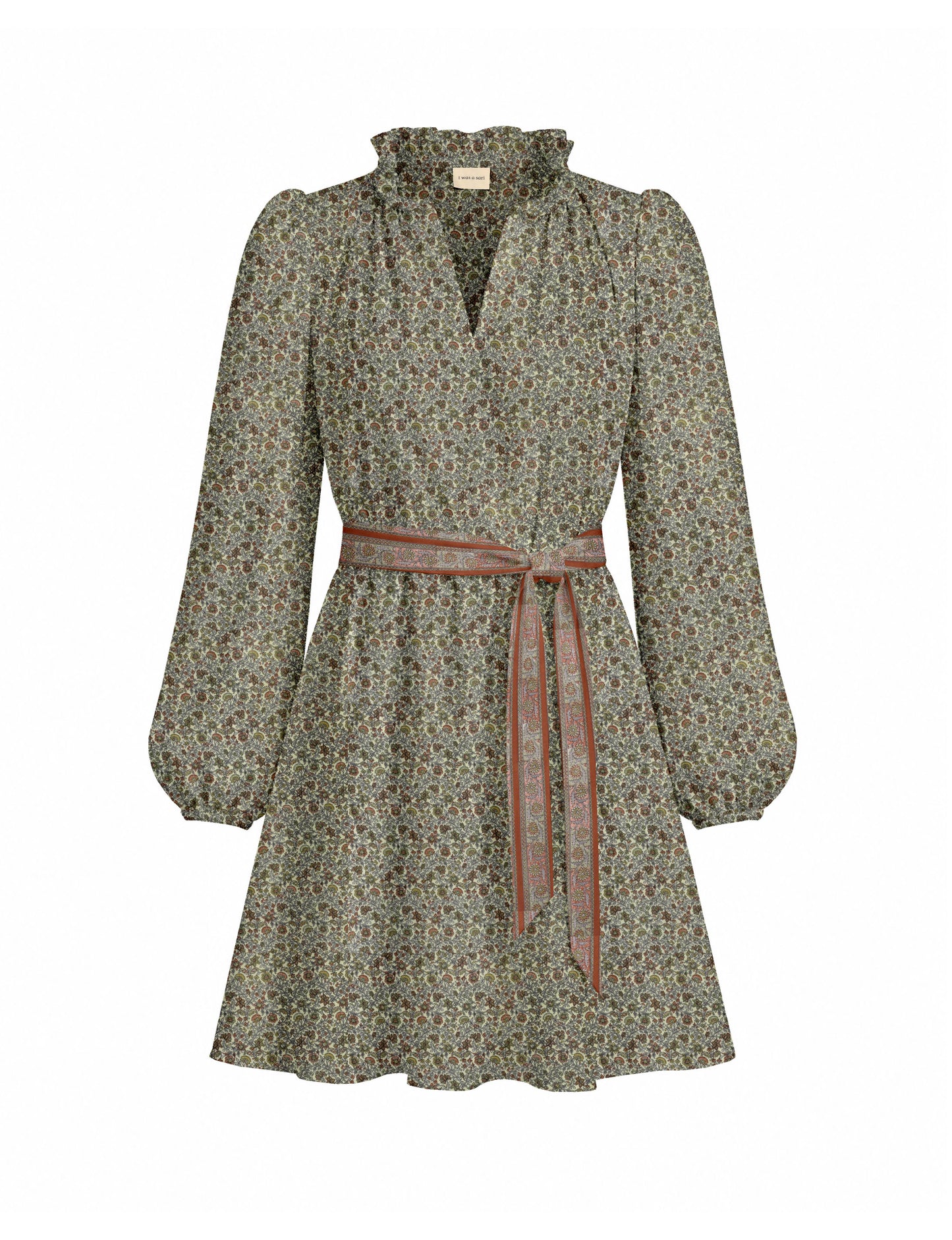 Swing dress with detachable tie belt, gathered ruffle neckline, full-length voluminous sleeves, elastic cuffs, and relaxed A-line silhouette in an above-knee length.