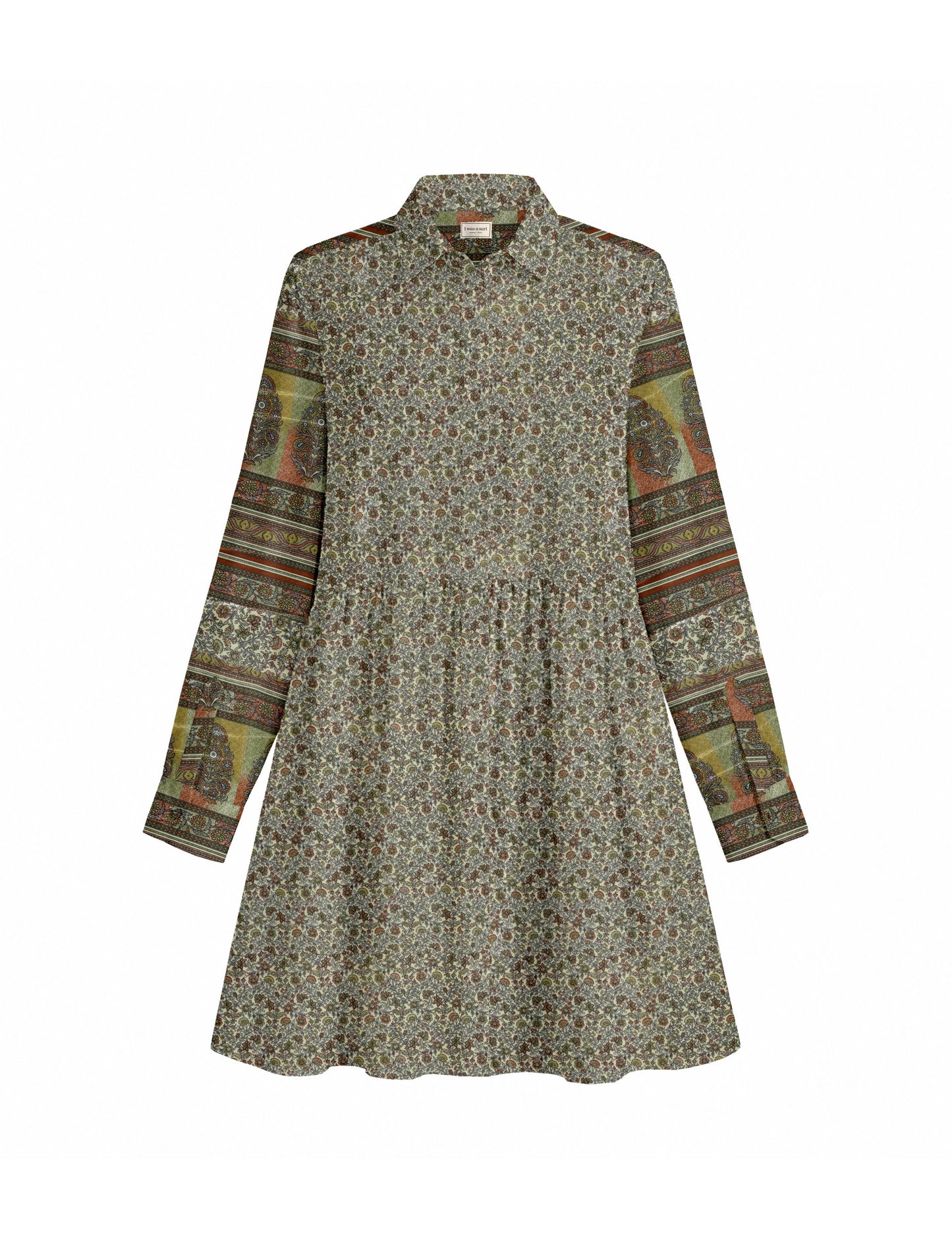 Short shirt dress with a relaxed A-line silhouette, point collar, partial button placket, gathered waist, side pockets, and full-length cuffed sleeves.