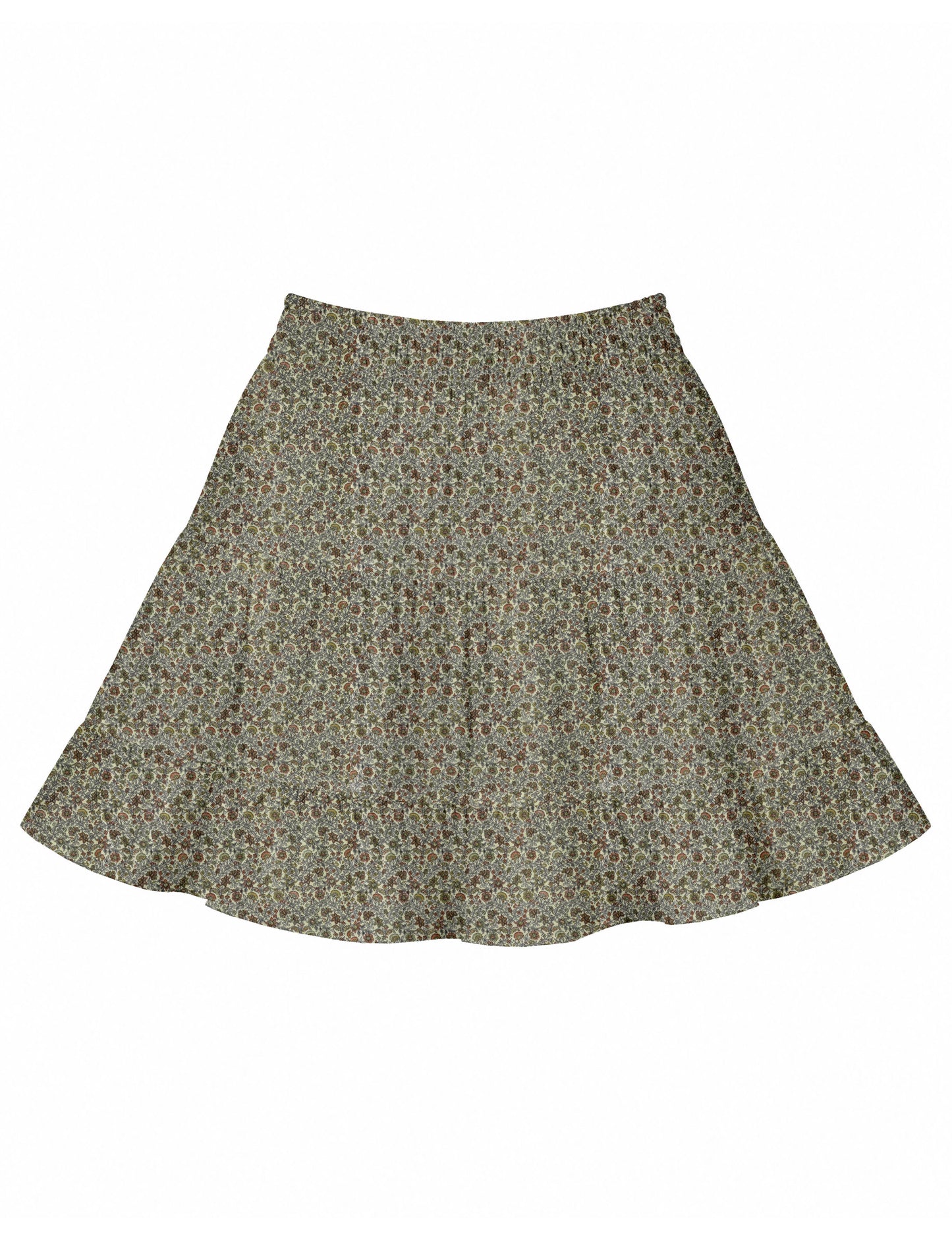 Short tiered skirt with a fitted waistband, knife pleats, softly flared silhouette, side seam pockets, and above-the-knee length.