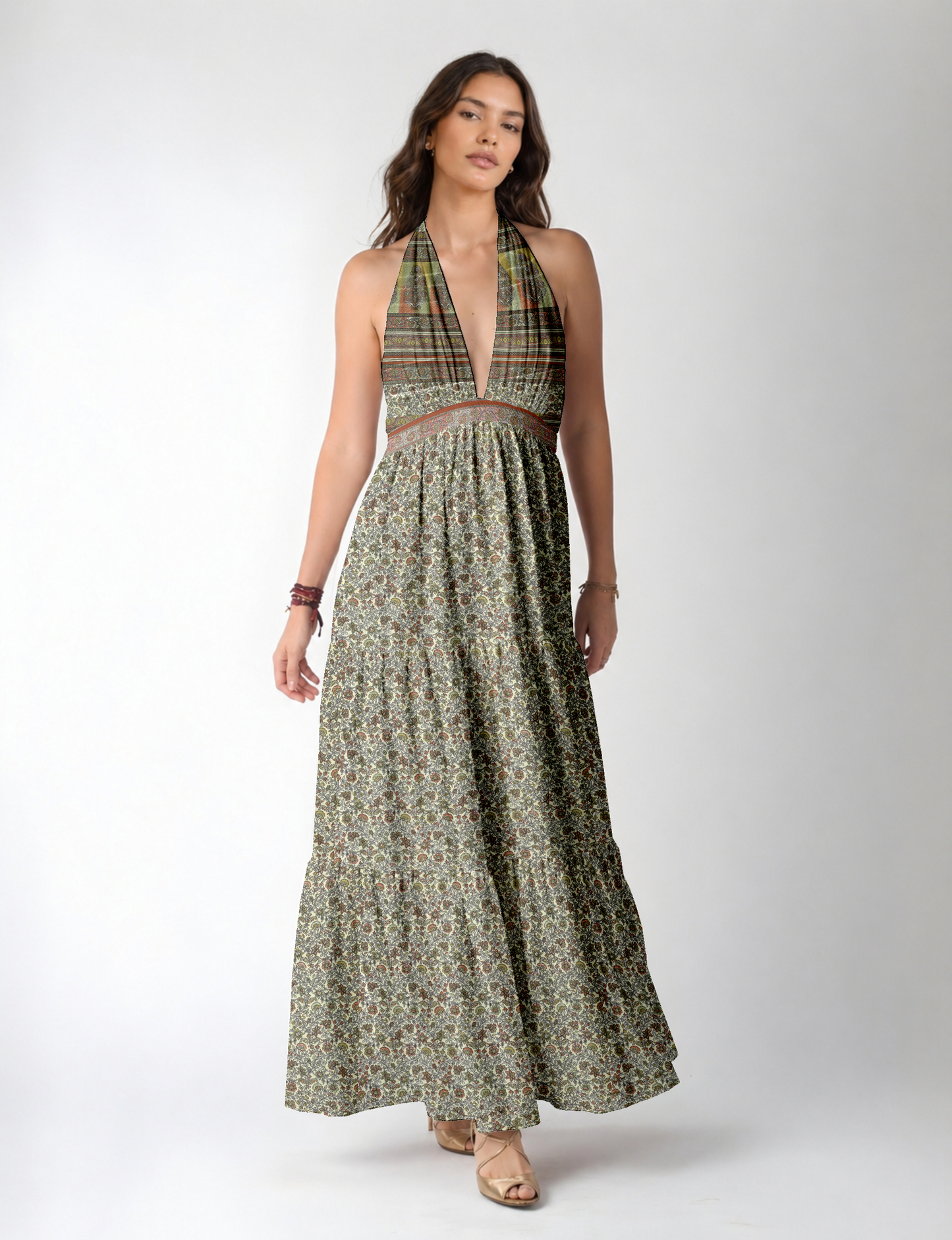 Maxi tiered dress by I was a Sari with halter neckline and flowy silhouette