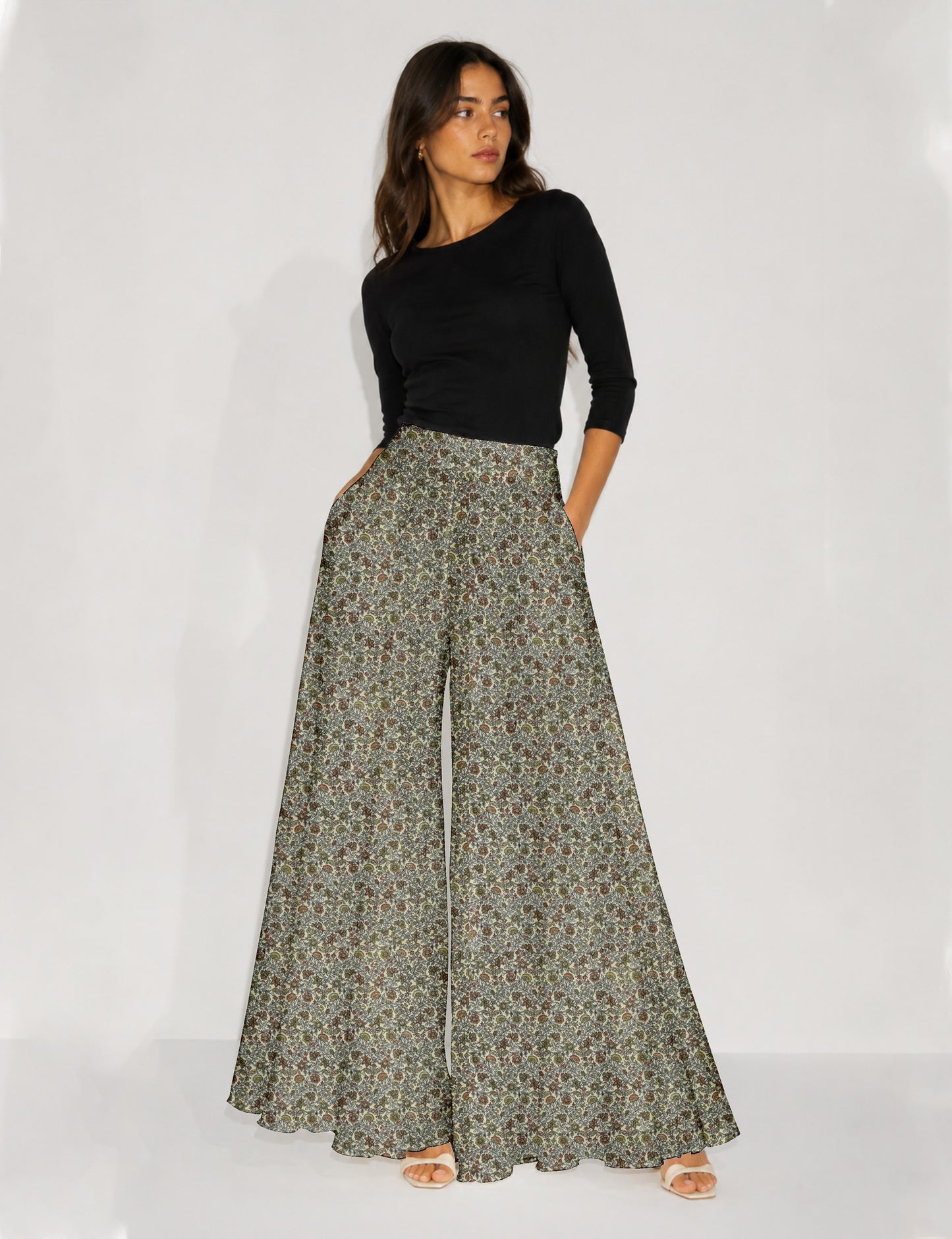 Wide Leg Palazzo Trousers - Grey Tropical