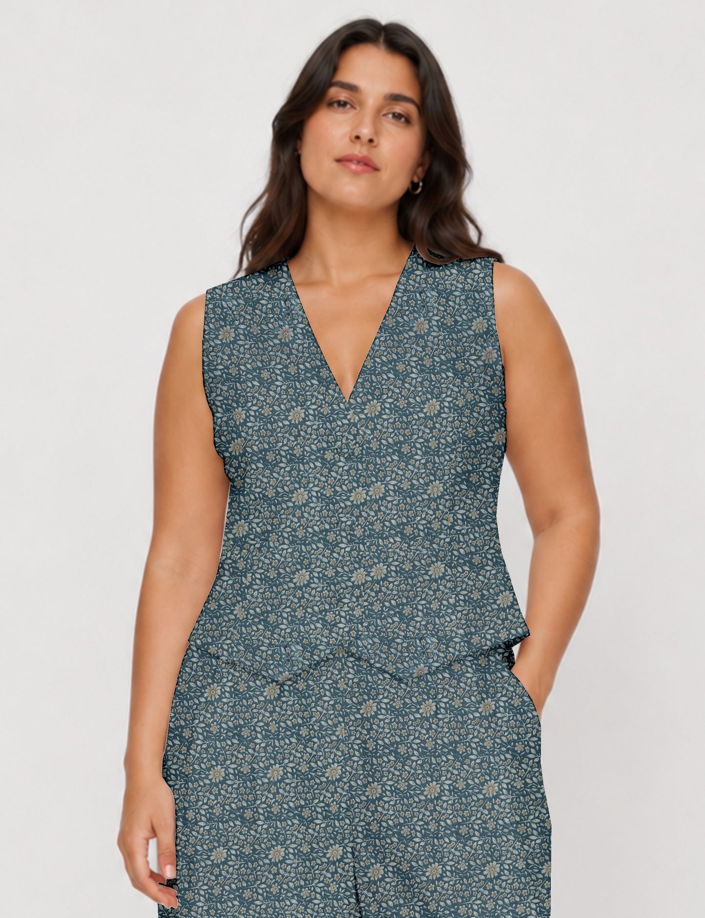 Women's fitted waistcoat with V-neck, single-breasted button closure, tailored silhouette, and pointed hem in sustainable fashion.