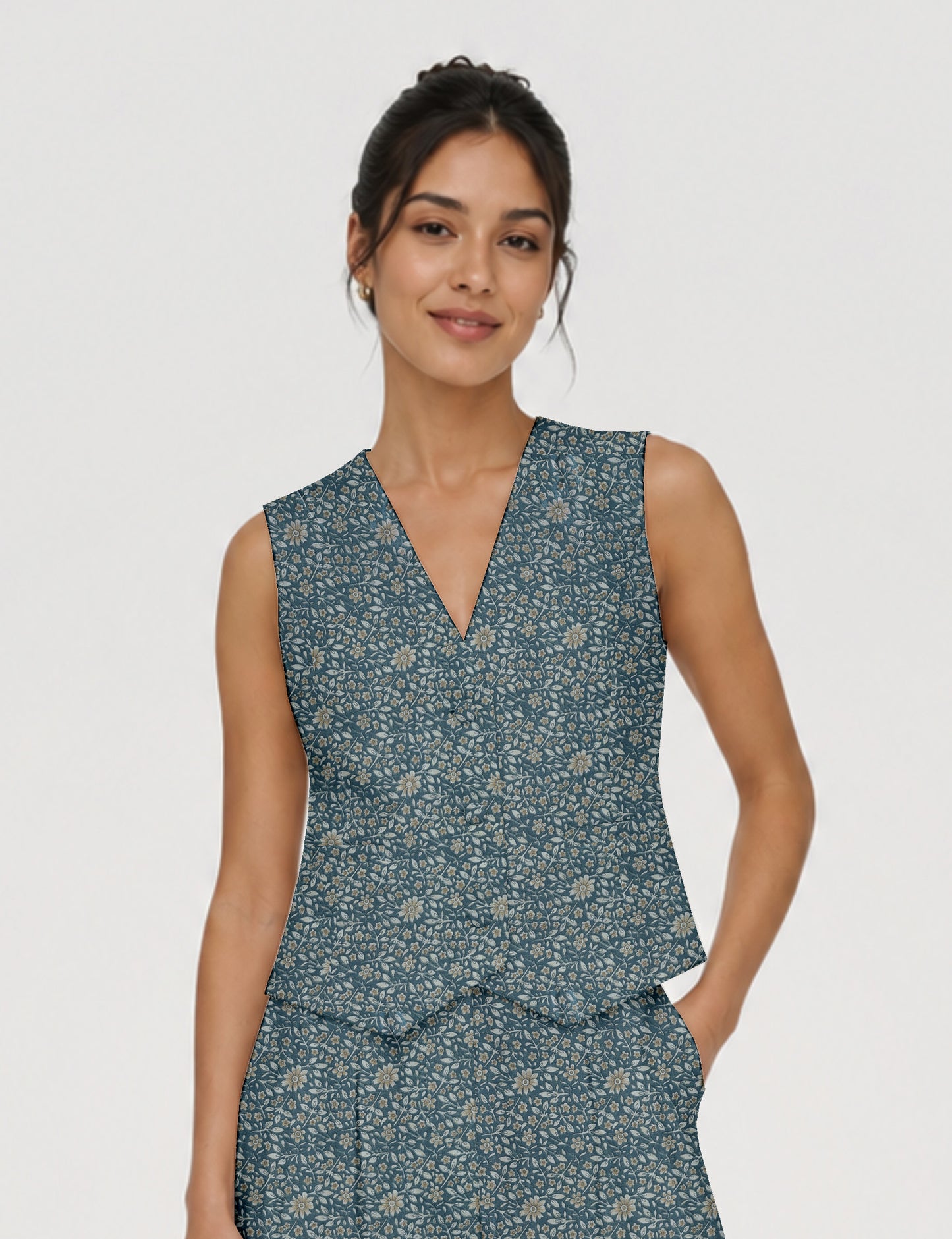 Women's fitted waistcoat with V-neck, single-breasted button closure, tailored silhouette, and pointed hem in sustainable fashion.