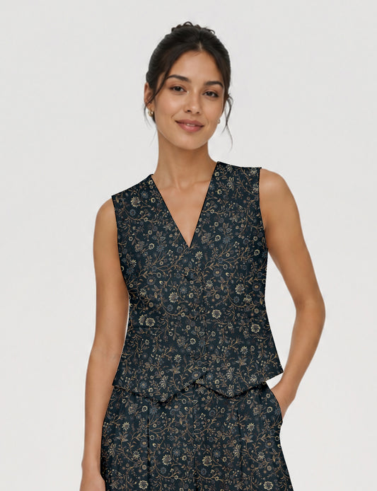 Women's fitted waistcoat with V-neck, single-breasted button closure, tailored silhouette, and pointed hem in sustainable fashion.