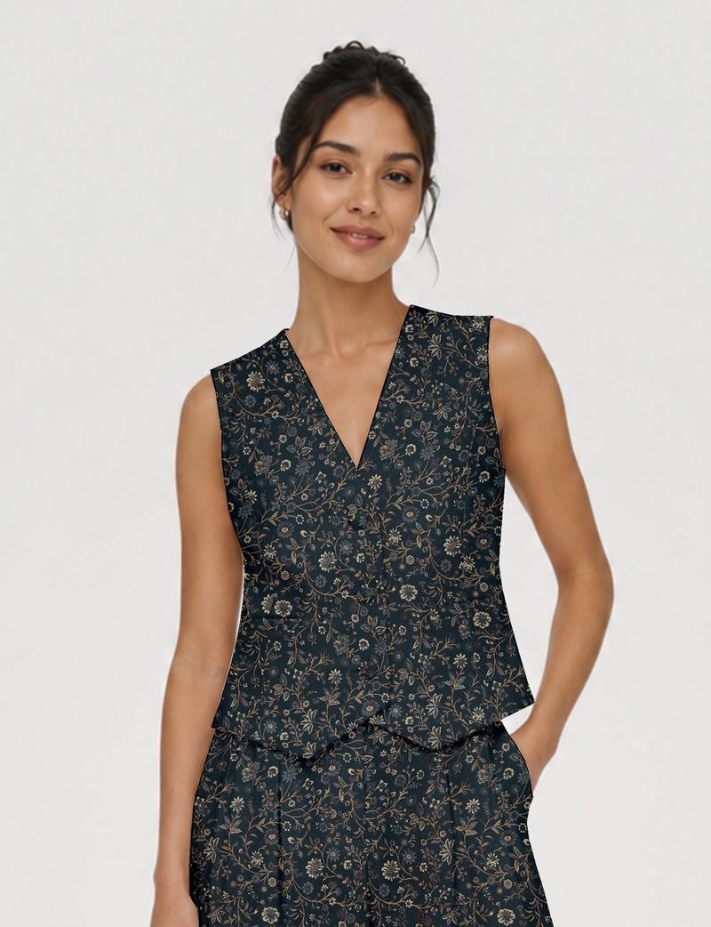 Women's fitted waistcoat with V-neck, single-breasted button closure, tailored silhouette, and pointed hem in sustainable fashion.