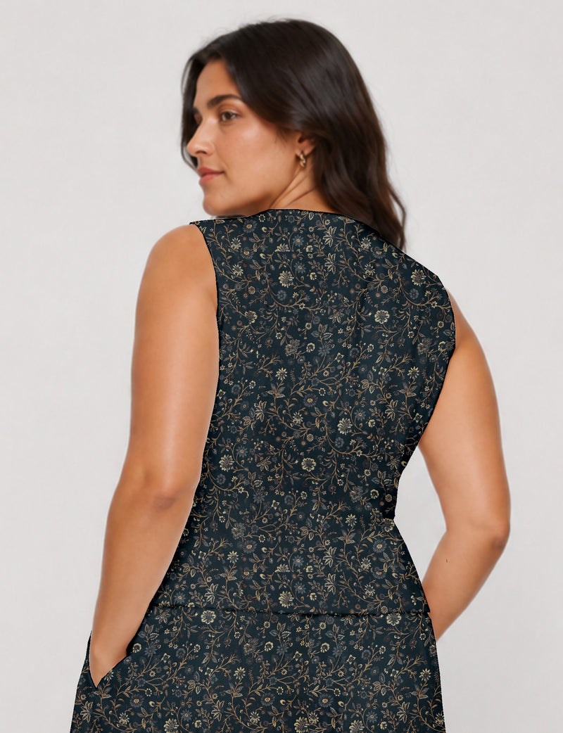 Women's fitted waistcoat with V-neck, single-breasted button closure, tailored silhouette, and pointed hem in sustainable fashion.