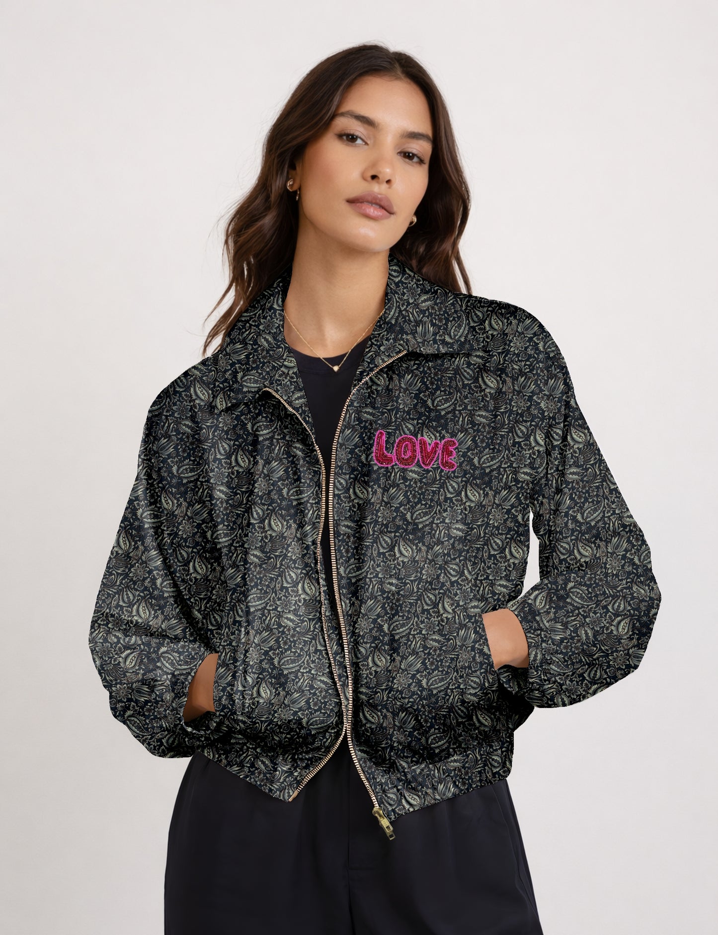 Love Bomber Jacket made from recycled fabric, featuring hand-stitched Aari embroidery. A unique piece of zero-waste clothing, part of the circular fashion movement. Designed with upcycled materials for a stylish yet environmentally friendly clothing choice.