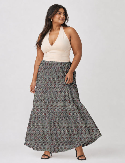 Midi Tiered Skirt - Grey Tropical